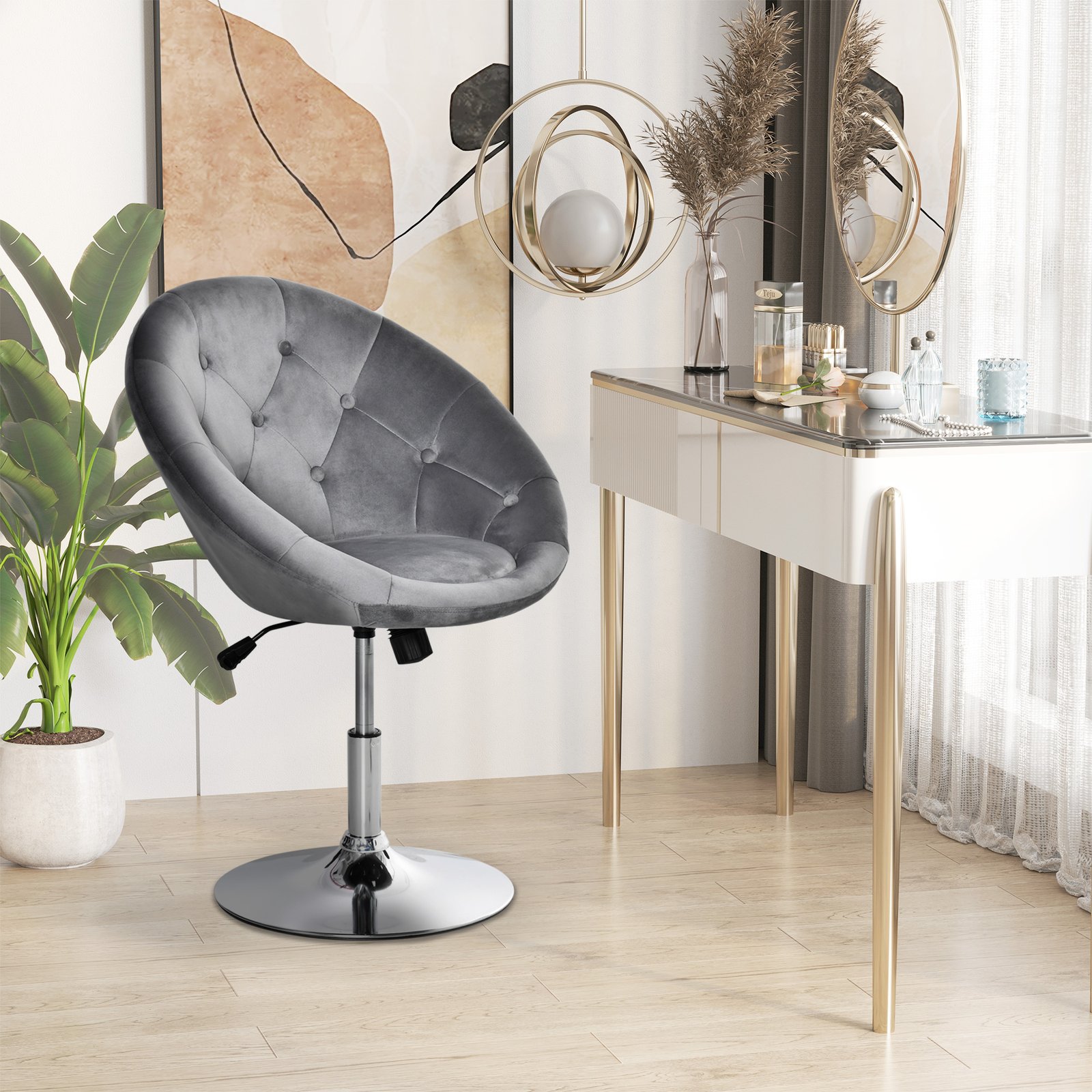 HOMCOM Swivel Dressing Stool, Velvet-feel Upholstered Vanity Chair, Adjustable Height Tub Makeup Chair with Button Tufting and Thick Padding for Bedroom, Grey - Image 2