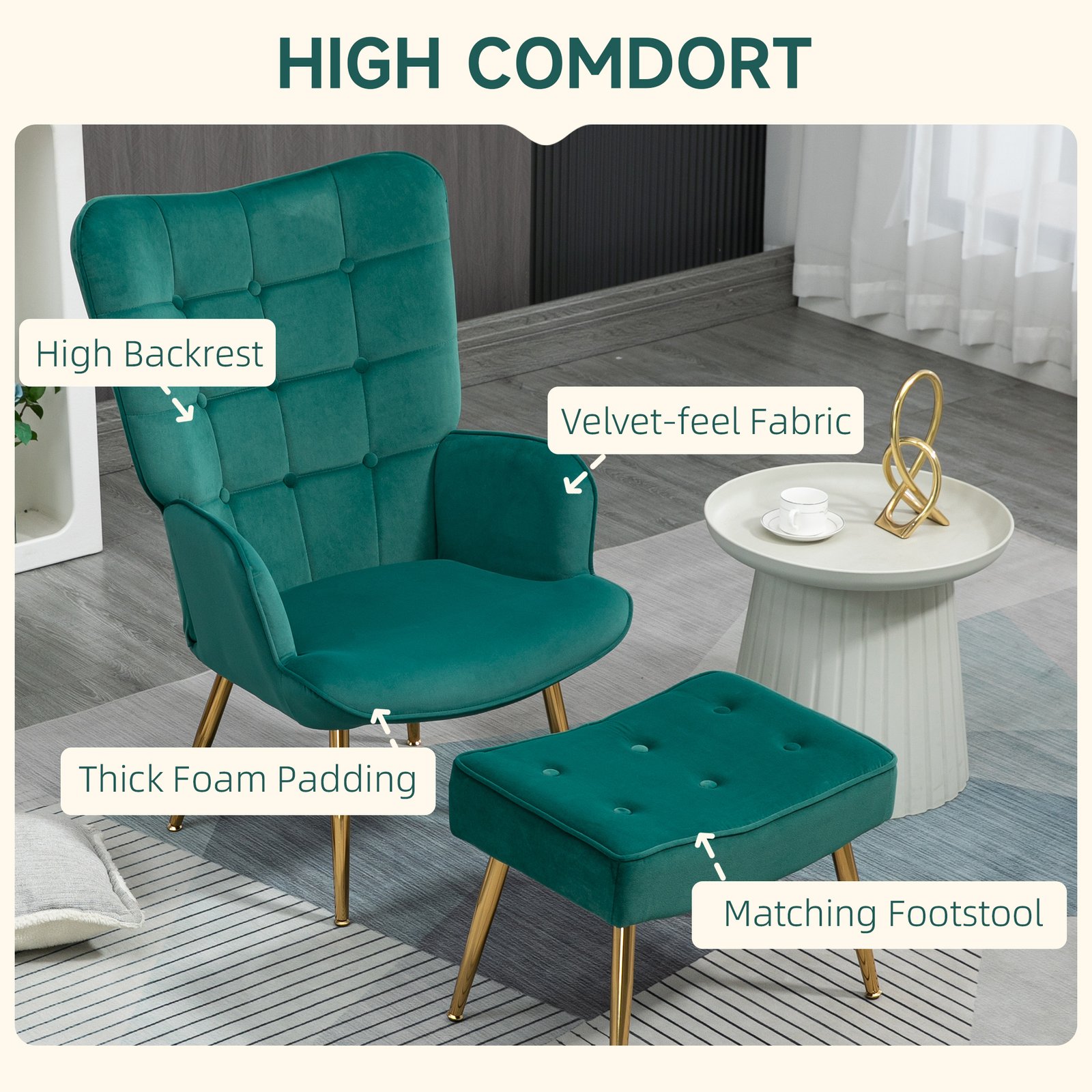 HOMCOM Modern Armchair with Footstool, Upholstered Accent Chair with Ottoman, Steel Legs, Velvet Wingback Chair for Living Room, Bedroom, Home Study, Dark Green - Image 4