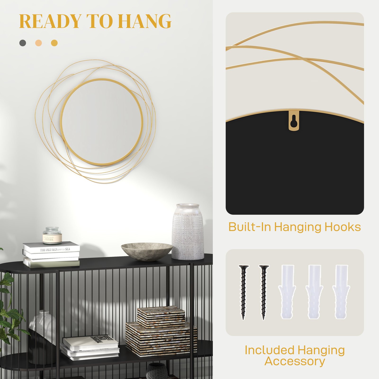 HOMCOM Abstract Metal Wire Wall Mirror, with Accessories - Gold Tone - Image 5