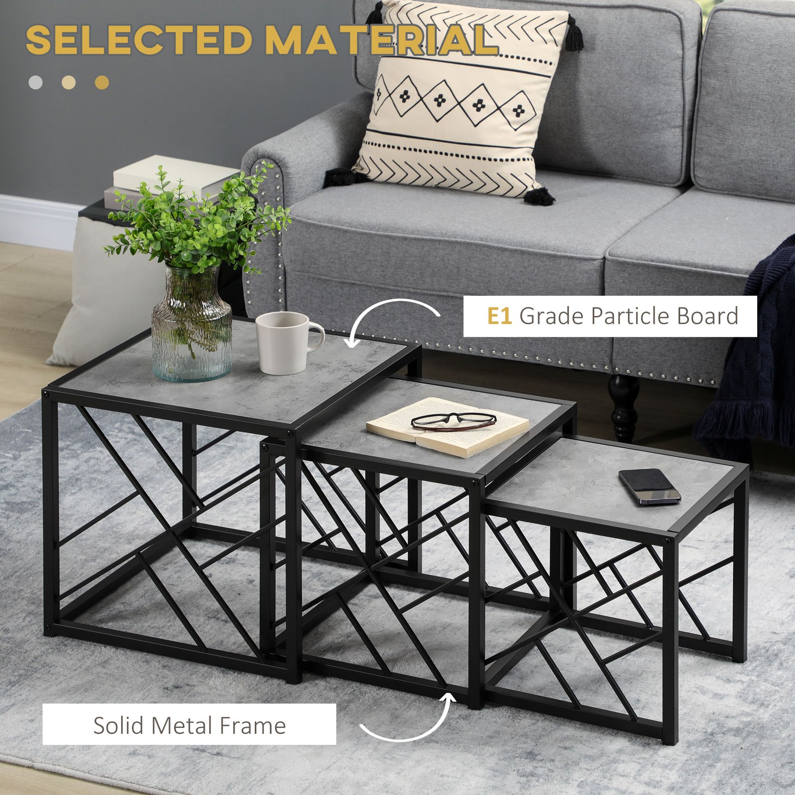 HOMCOM Nesting Coffee Tables, Set of 3 Square Side Tables with Black Metal Frame, for Living Room, Bedroom and Office, Grey - Image 4