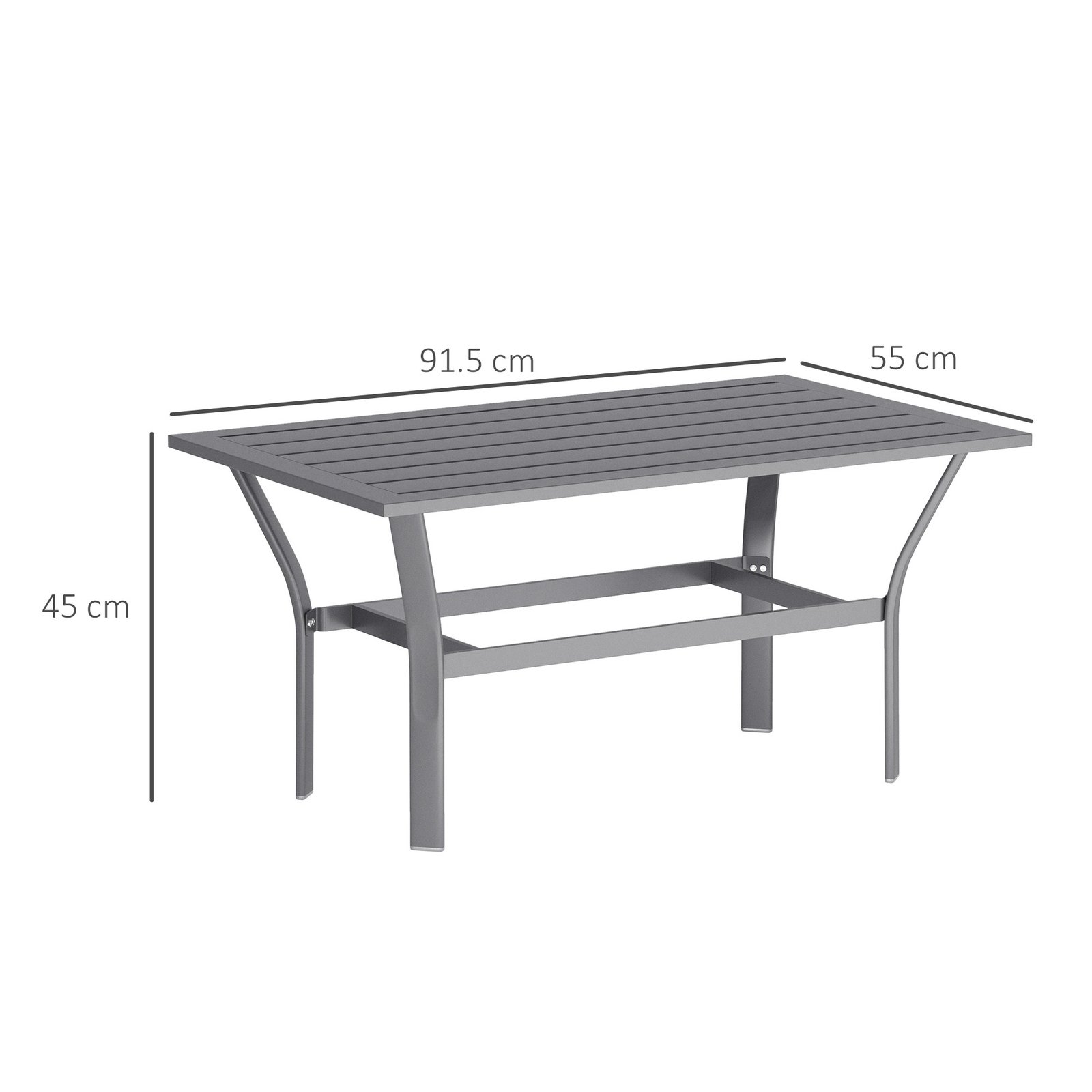 Outsunny Metal Garden Coffee Table, Rectangular Outdoor Side Table with Slatted Tabletop, Foot Pads for Outside, Garden, Balcony, Porch, 91.5 x 55 x 45cm, Dark Grey - Image 3