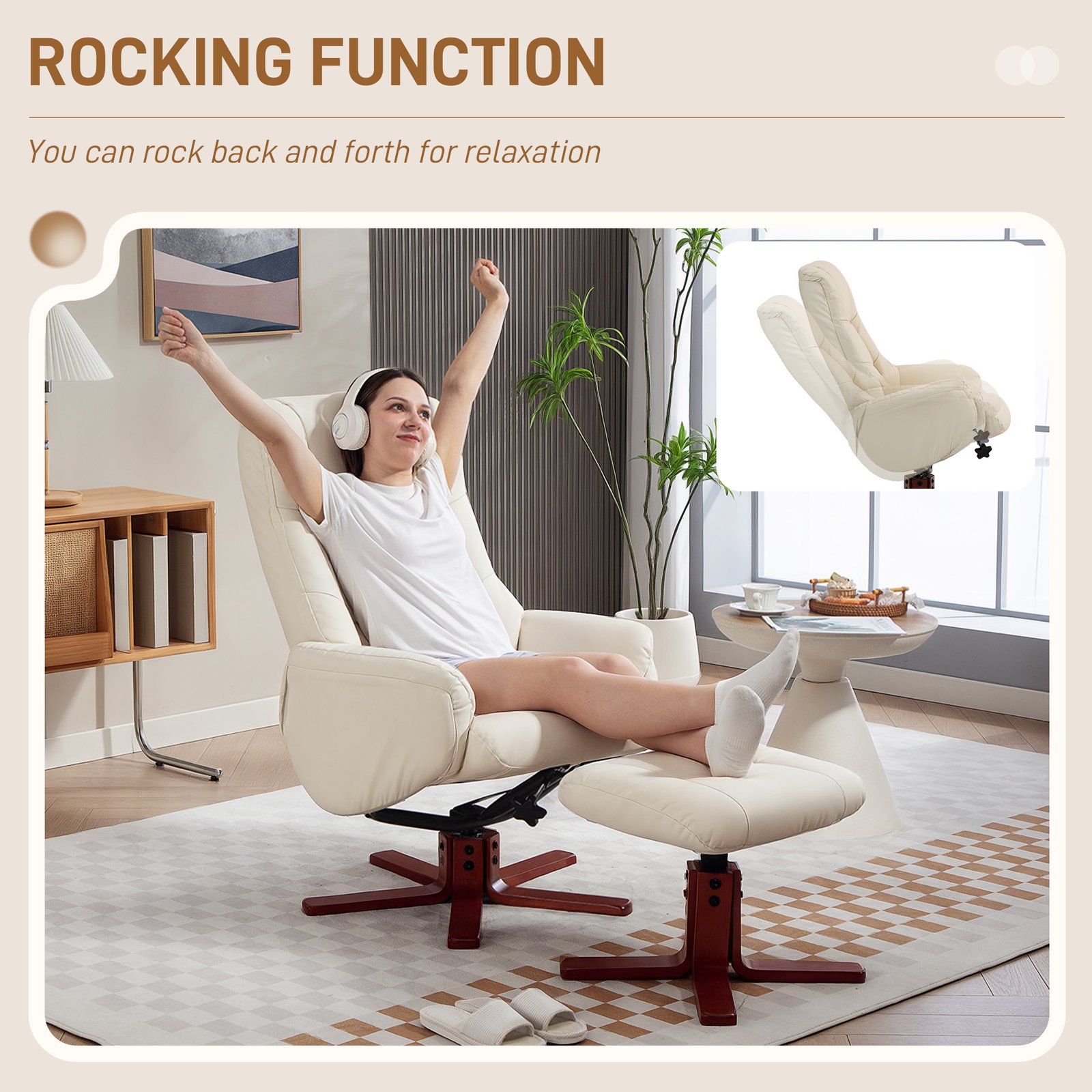 HOMCOM Rocking Recliner Chair with Footstool, PU Leather Recliner Armchair with Wood Base, Upholstered Reclining Chair for Living Room Bedroom, Cream - Image 5