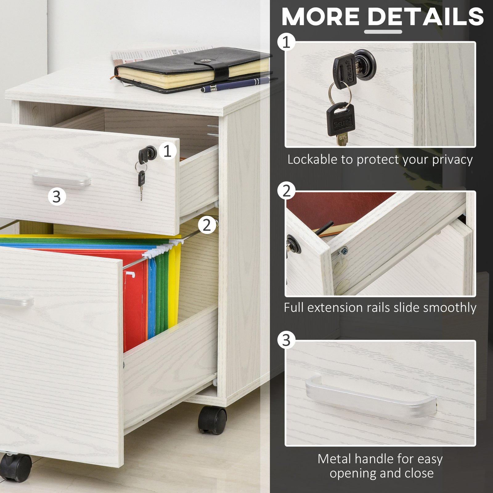 Vinsetto 2-Drawer Locking Office Filing Cabinet w/ 5 Wheels Rolling Storage Hanging A4 Cupboard Home Organisation White Wood Grain - Image 6