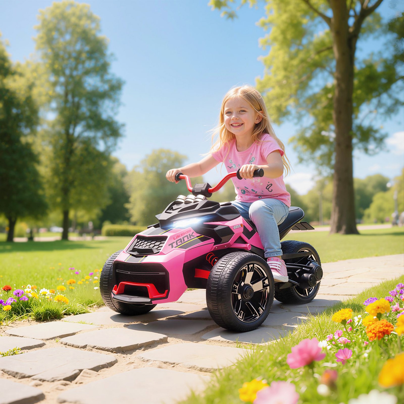 AIYAPLAY 12V Kids Electric Ride On Car with 3 Wheeler, MP3 Player, Horn, 2 Speeds, LED Lights for Boys & Girls Ages 3-8, Pink - Image 2