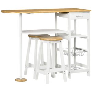 HOMCOM 3 Piece Bar Table Set, Breakfast Bar table and Stools with Storage Shelf, Drawer, Wire Basket and Wine Rack for Kitchen, Home Bar, Natural and White