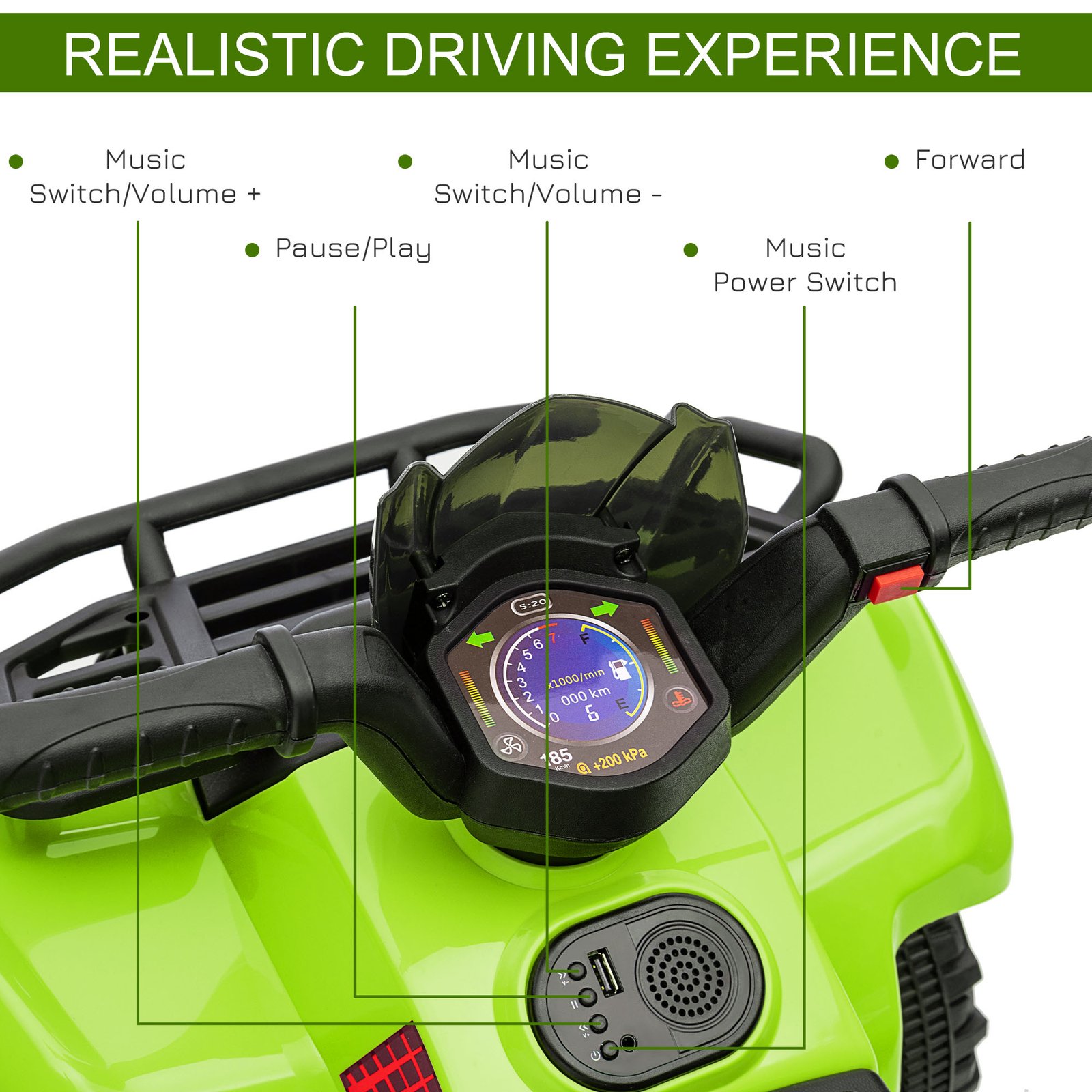 HOMCOM 6V Kids Electric Ride on Car Toddlers Quad Bike All Terrain Vehicle Toy With Music for 18-36 months Green - Image 6
