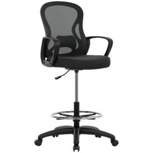 Vinsetto Drafting Chair with Adjustable Footrest, Ergonomic Mesh Office Chair with Lumbar Support, Adjustable Height for Standing Desk, Black
