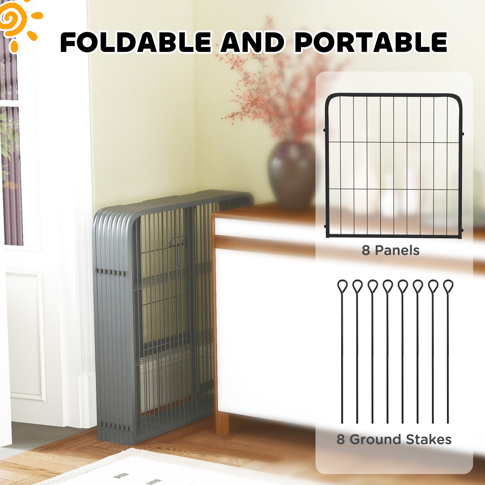 PawHut Eight-Panel Dog Playpen with Door, for Large Dogs, Indoors, Outdoors, 60cm Tall, Black - Image 6