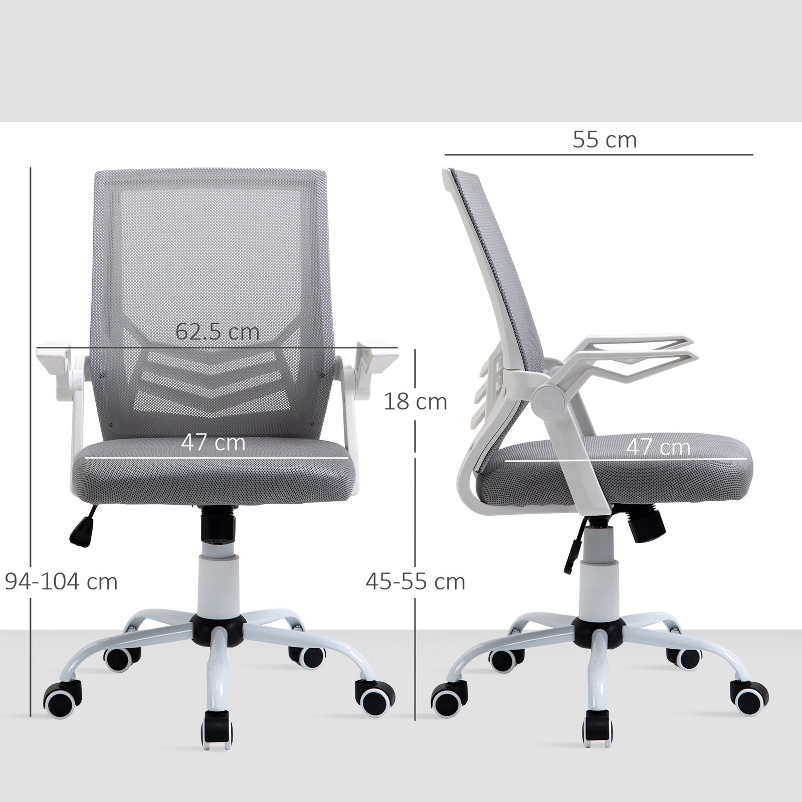 Vinsetto Office Chair with Flip-up Armrest, Mid Back Desk Chair with Mesh Back, Lumbar Support, Adjustable Height, Swivel Wheels for Home, Grey - Image 3