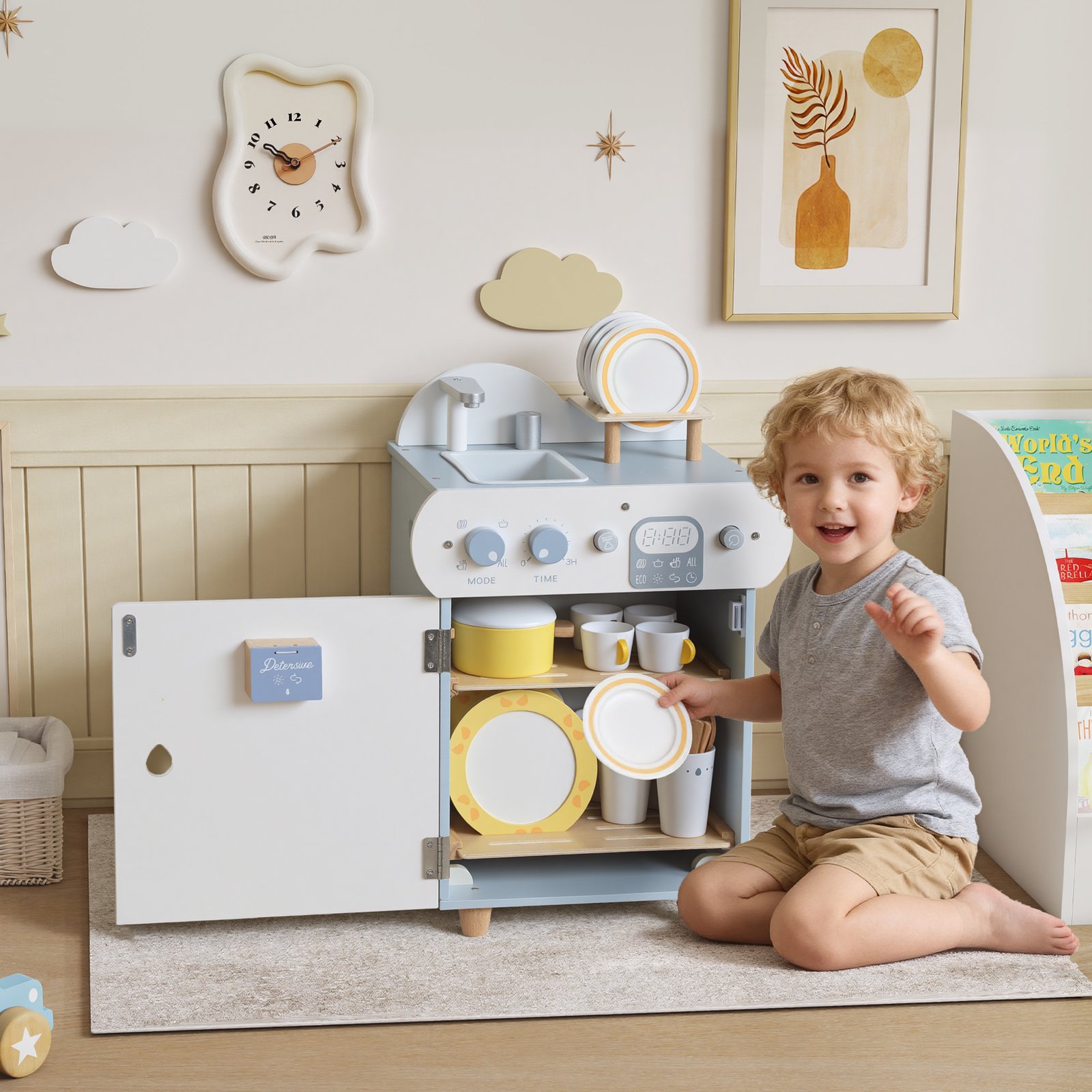 AIYAPLAY Wooden Dishwasher Playset, Kitchen Sink Toys with Faucet, Sink and Accessories, Gift for Boys Girls Toddlers - Image 2