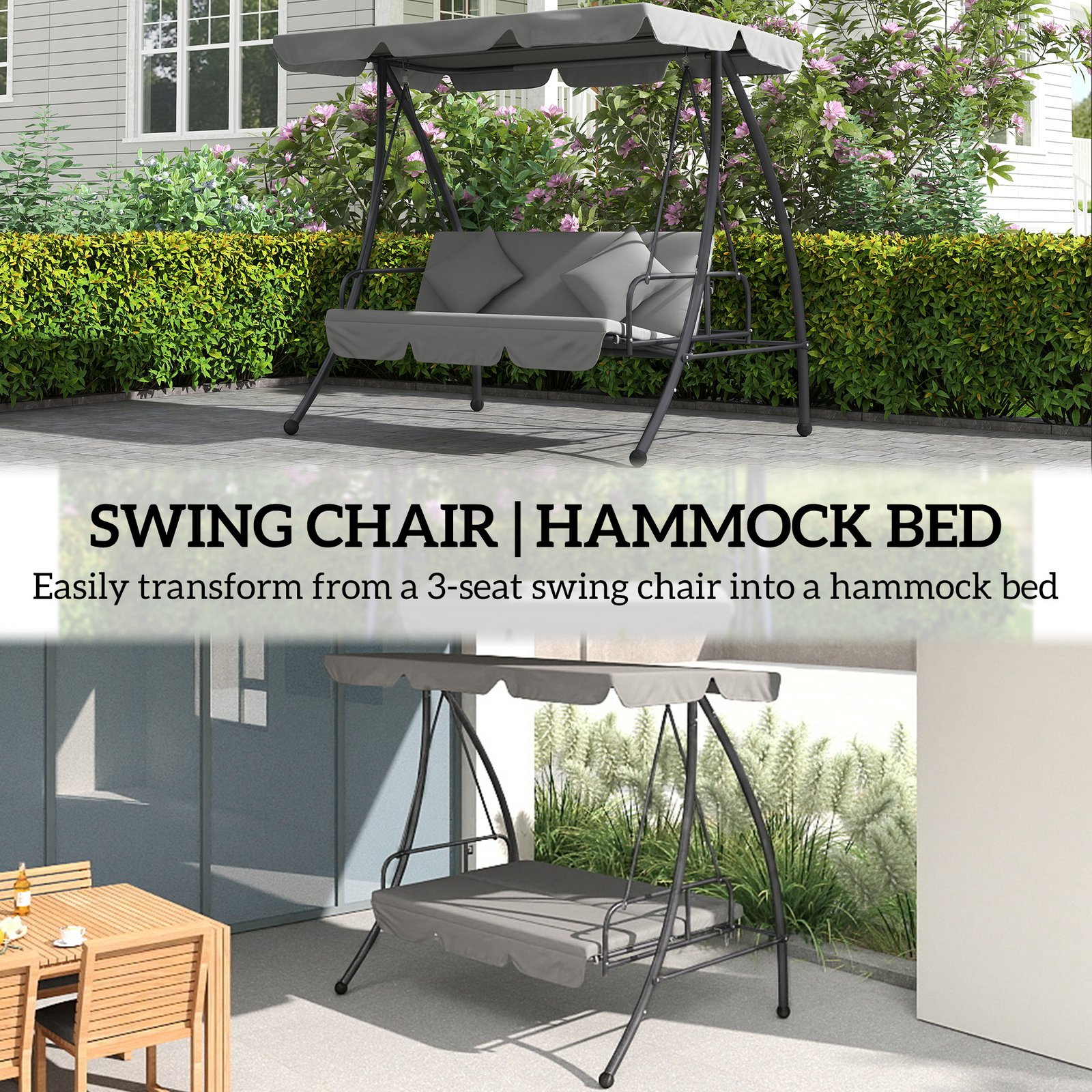 Outsunny Outdoor 2-in-1 Swing Chair Lounger 3 Seater Garden Swing Seat Bed Convertible Tilt Canopy W/ Cushion, Light Grey - Image 6