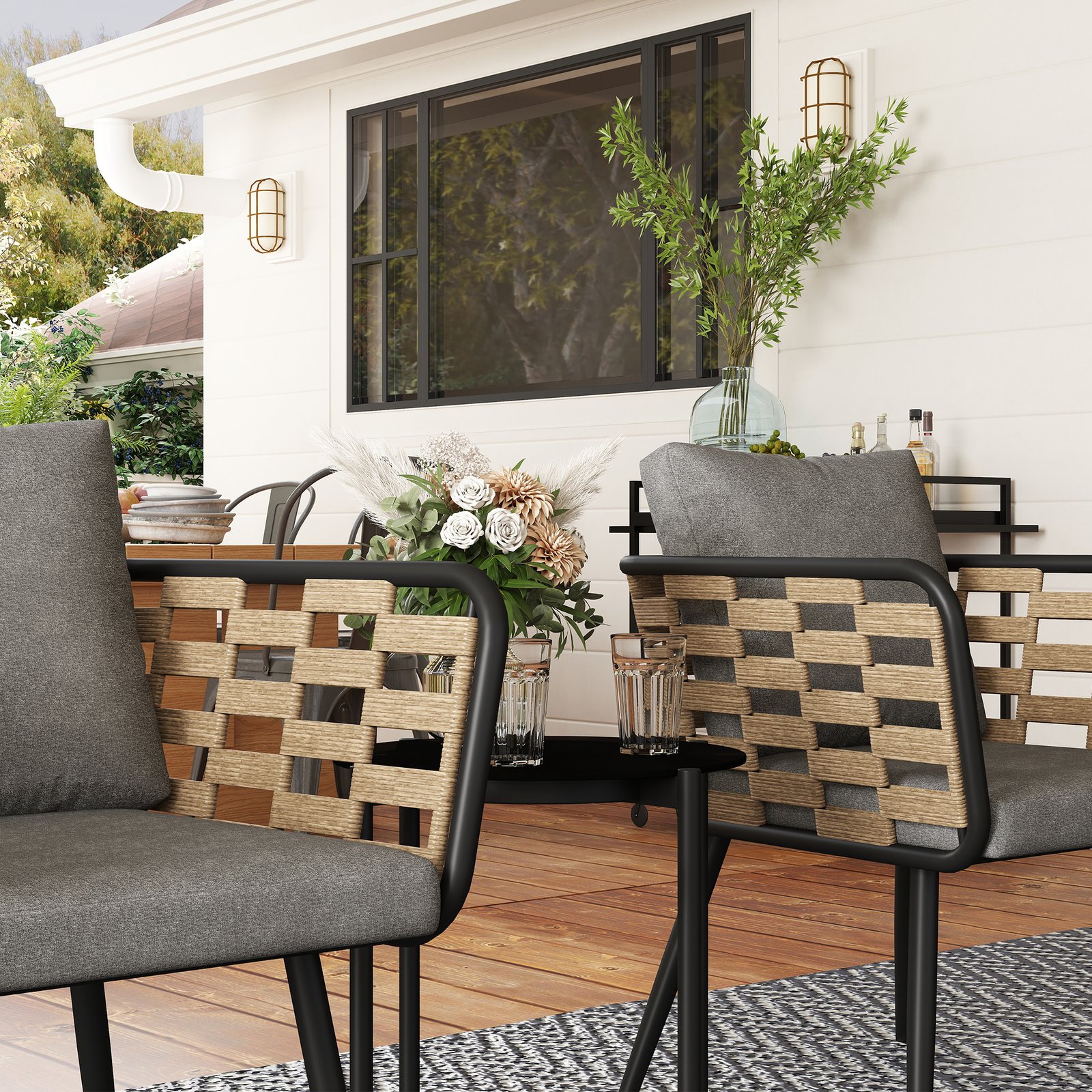 Outsunny 3 Pieces Rattan Bistro Set with Washable Seat and Back Cushions, Glass Top Coffee Table, for Outdoor, Patio, Black - Image 8