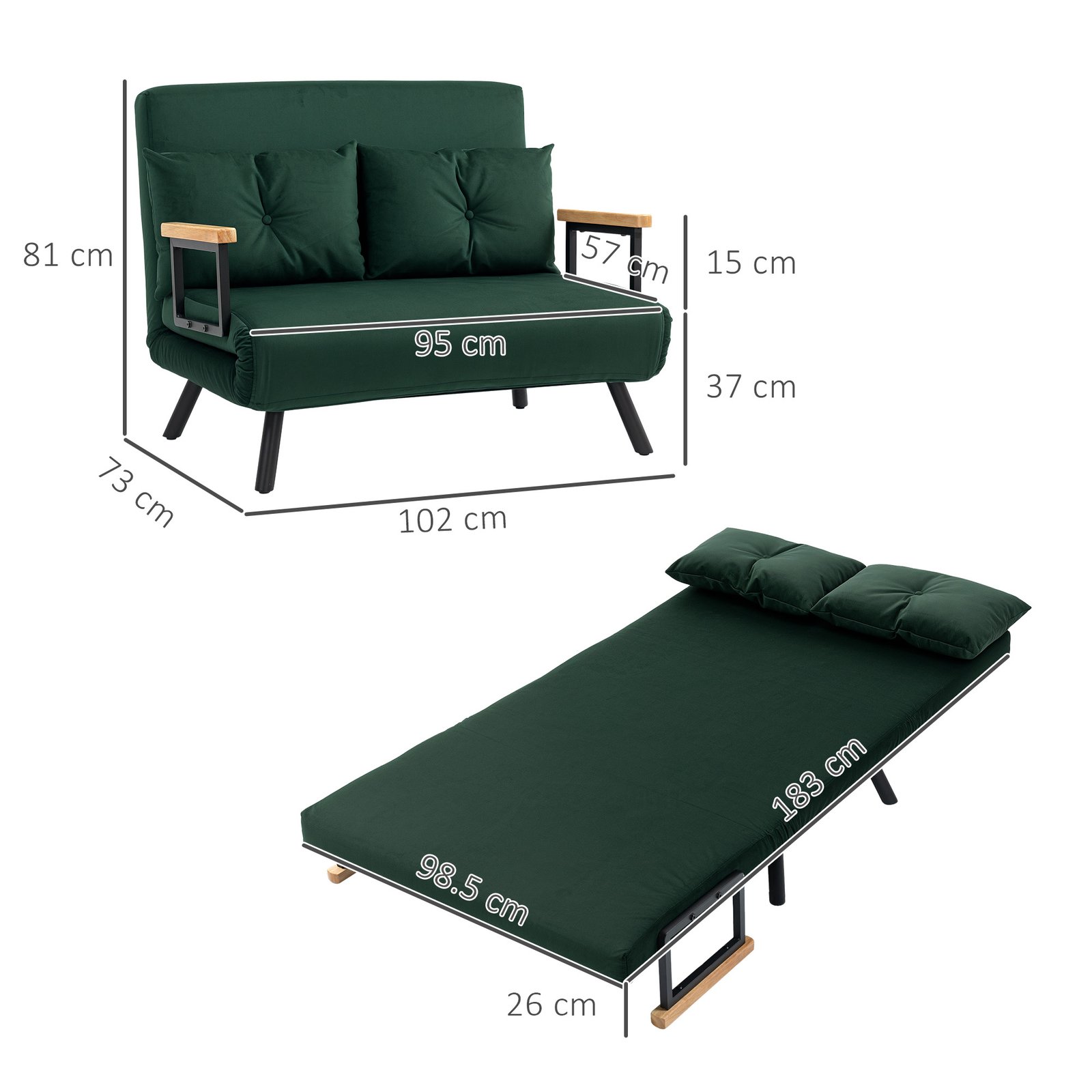 HOMCOM 4-in-1 Velvet-Feel Double Sofa Bed, with Pillows - Green - Image 3