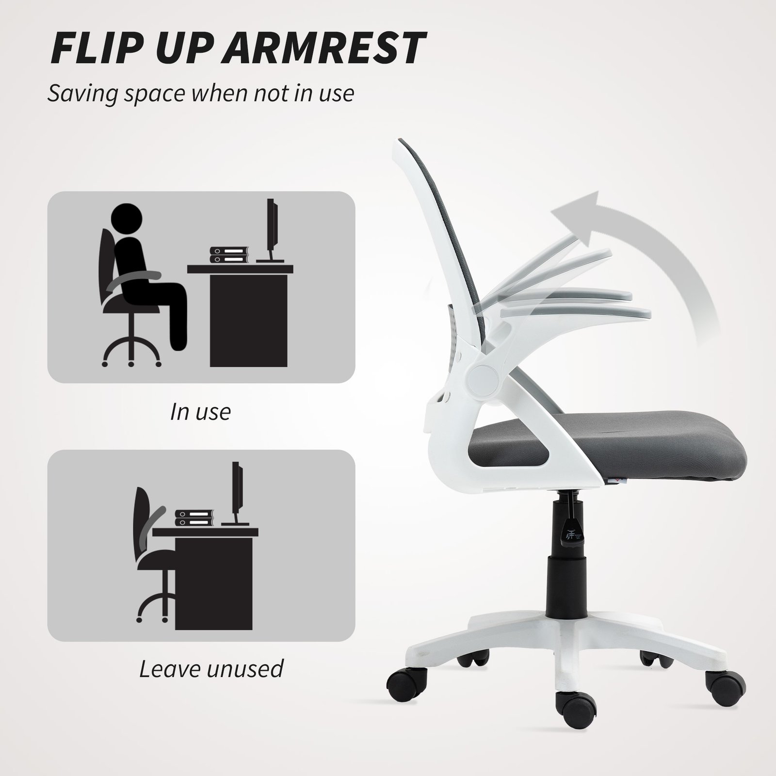HOMCOM Breathable Mesh Office Chair, Ergonomic Swivel Computer Chair with Flip-up Armrests, Lumbar Back Support for Home/Office, Grey - Image 7