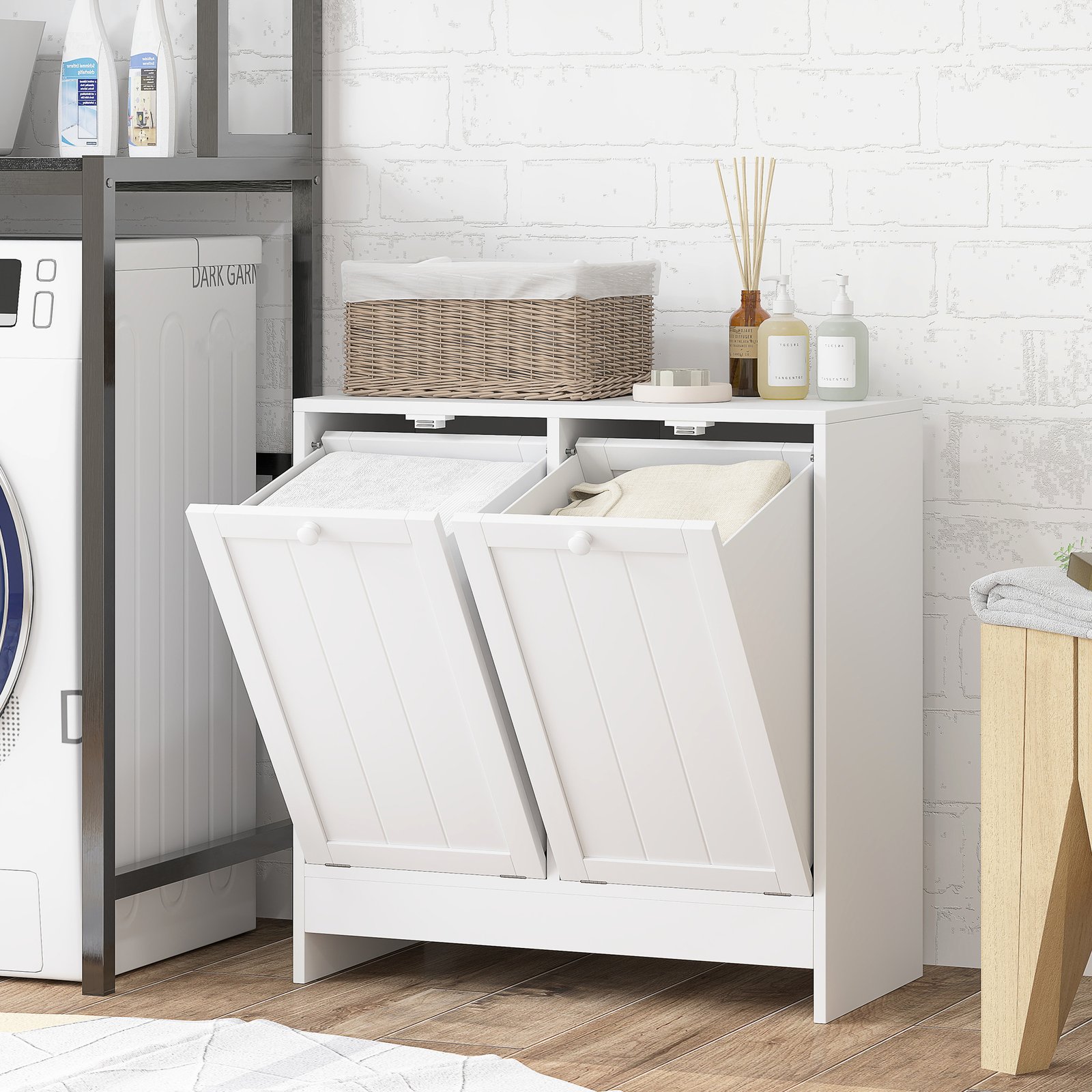 kleankin Double Hamper Laundry Storage Cabinet - White - Image 2