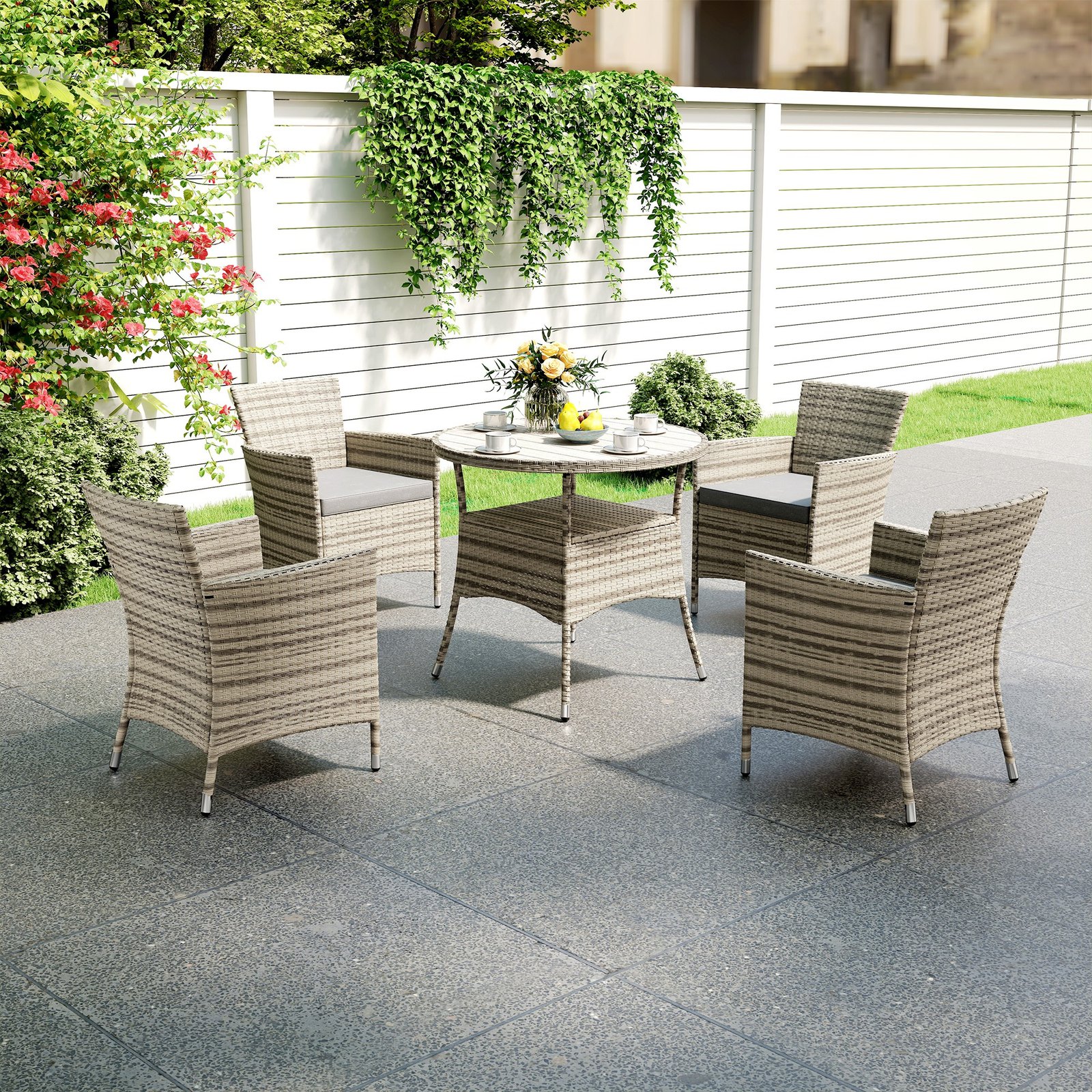 Outsunny Five-Piece Rattan Garden Set, with Two-Tier Table - Grey - Image 9