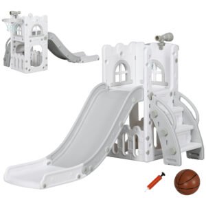 AIYAPLAY 5 in 1 Toddler Slide with Basketball Hoop, Climber, Telescope, Storage Basket, for Ages 1-3 Years, Grey