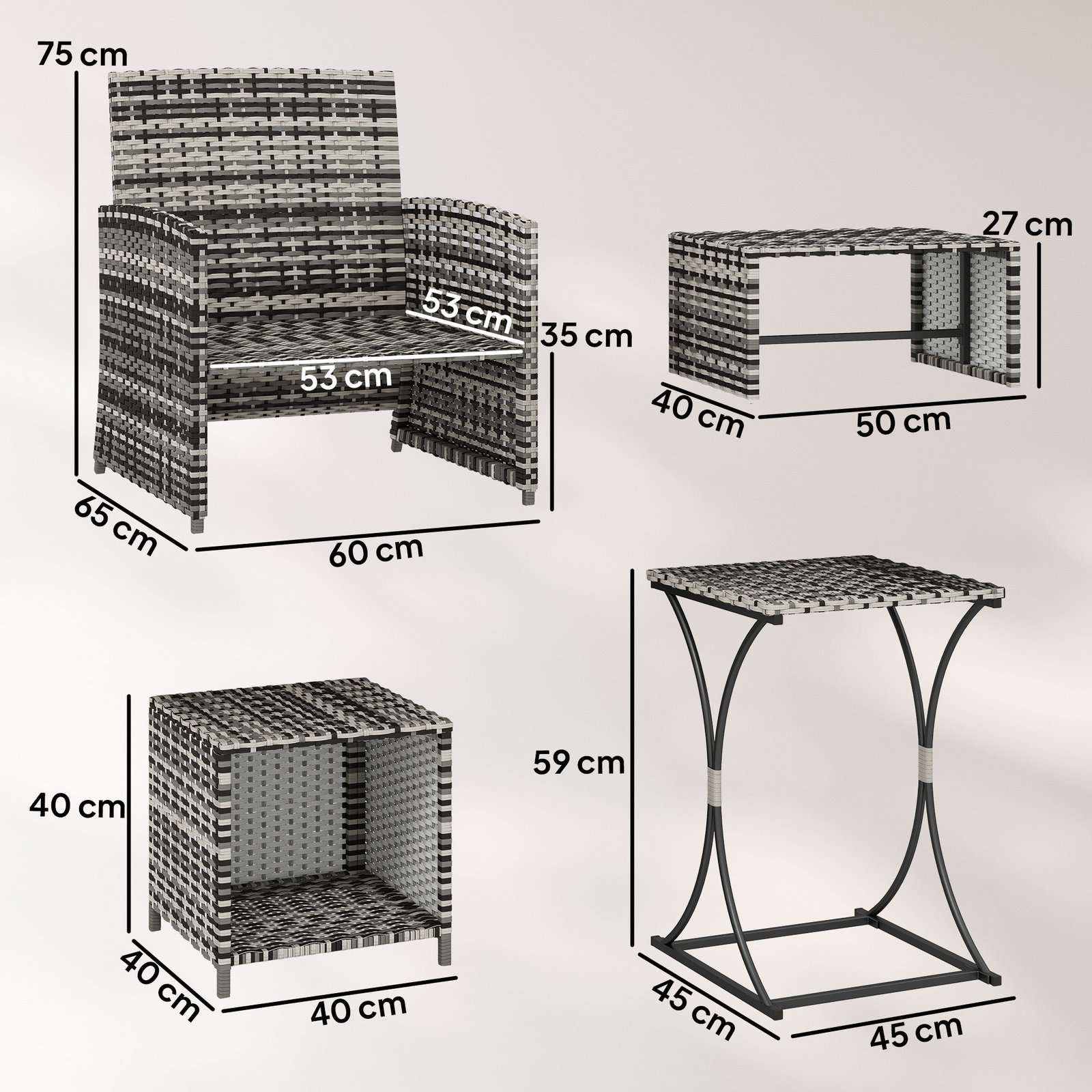 Outsunny 6 Piece Rattan Garden Furniture, Space-Saving Patio Furniture Set with Nesting Tables, Chairs, Stools, Cushions, Grey - Image 3