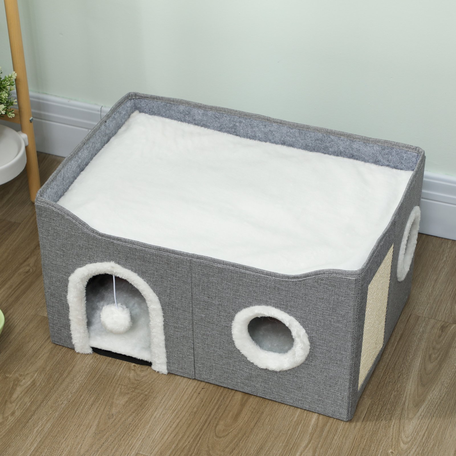 PawHut Cat Bed for Indoor Pets, Foldable Cat House with Fluffy Ball and Scratch Pad for Small and Medium Pets, Grey - Image 8