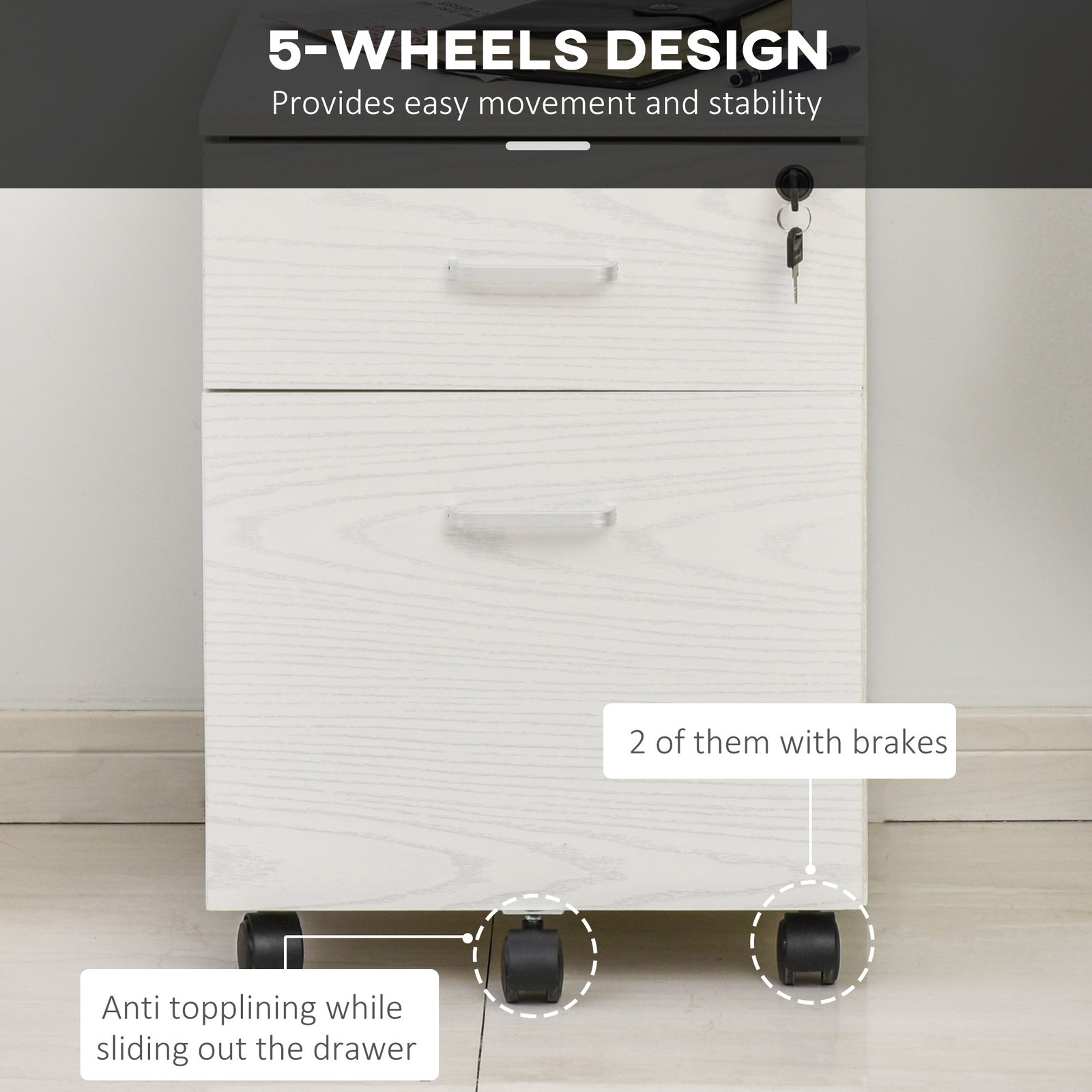 Vinsetto 2-Drawer Locking Office Filing Cabinet w/ 5 Wheels Rolling Storage Hanging A4 Cupboard Home Organisation White Wood Grain - Image 7