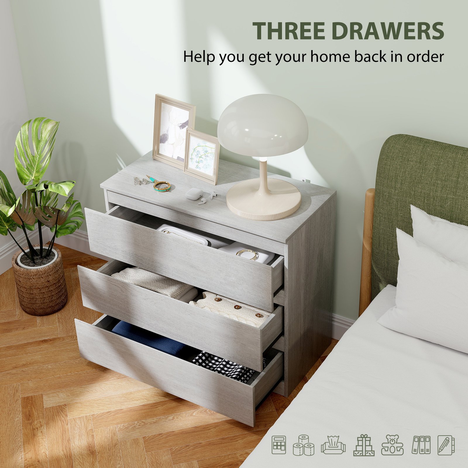 HOMCOM Chest of Three Drawers - Grey Wood Effect - Image 5