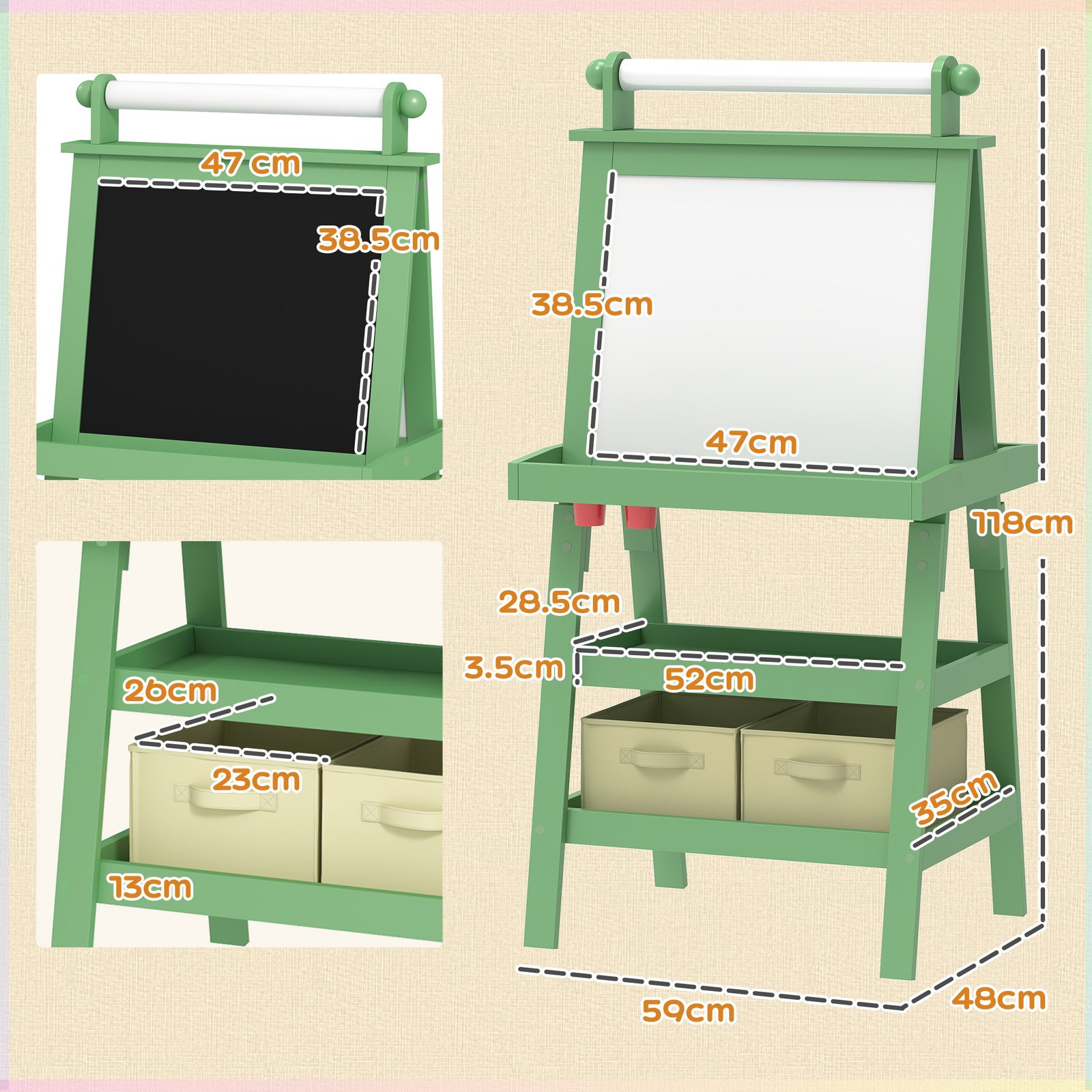 AIYAPLAY 3 in 1 Kids Easel Double-Sided Magnetic Whiteboard and Chalkboard with Paper Roll, Storage Baskets - Green - Image 3