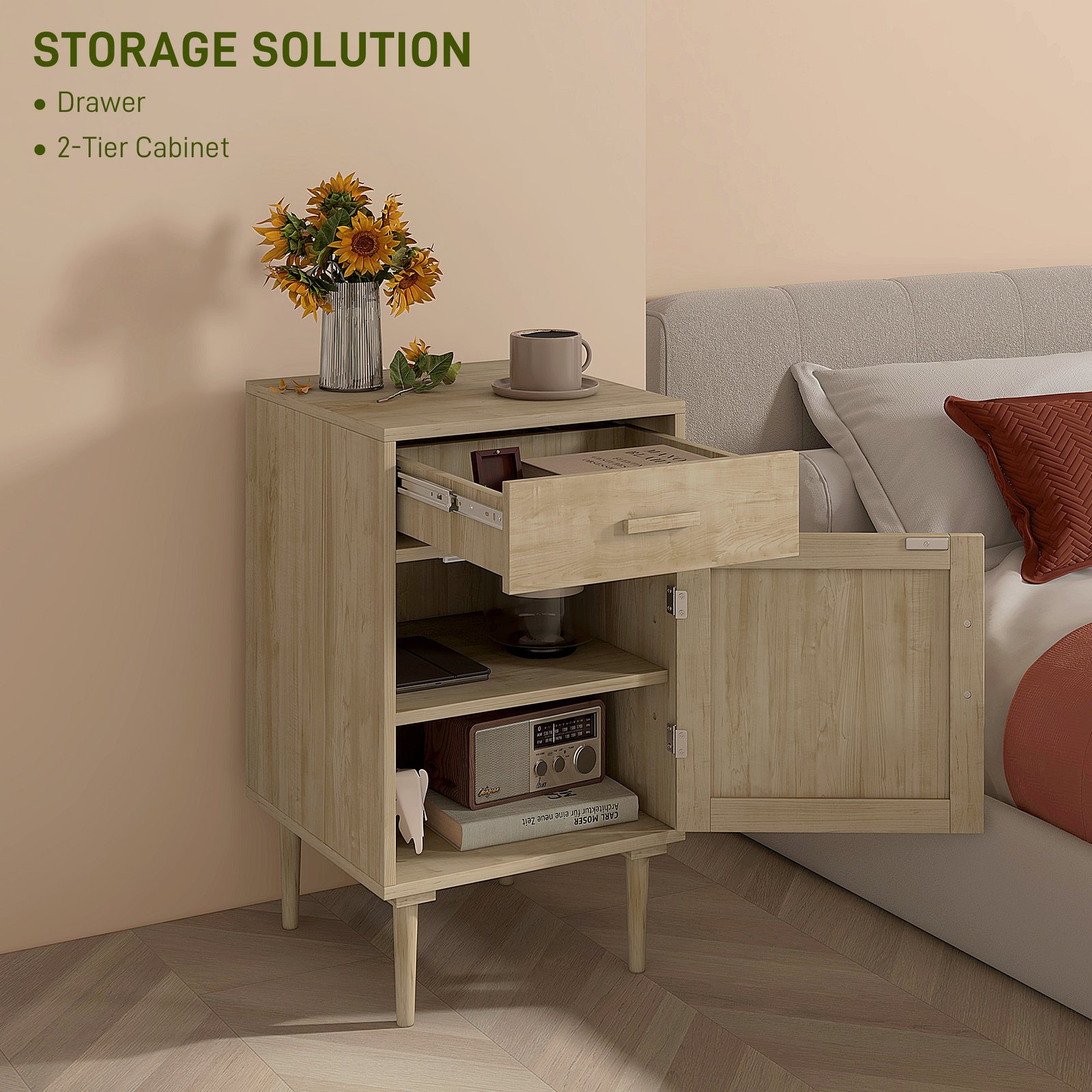 HOMCOM Bedside Table, Rattan Side Tables with Drawer, Cabinet and Adjustable Shelf, Boho Bedside Cabinet with Storage for Bedroom, Living Room, Natural Wood Effect - Image 5