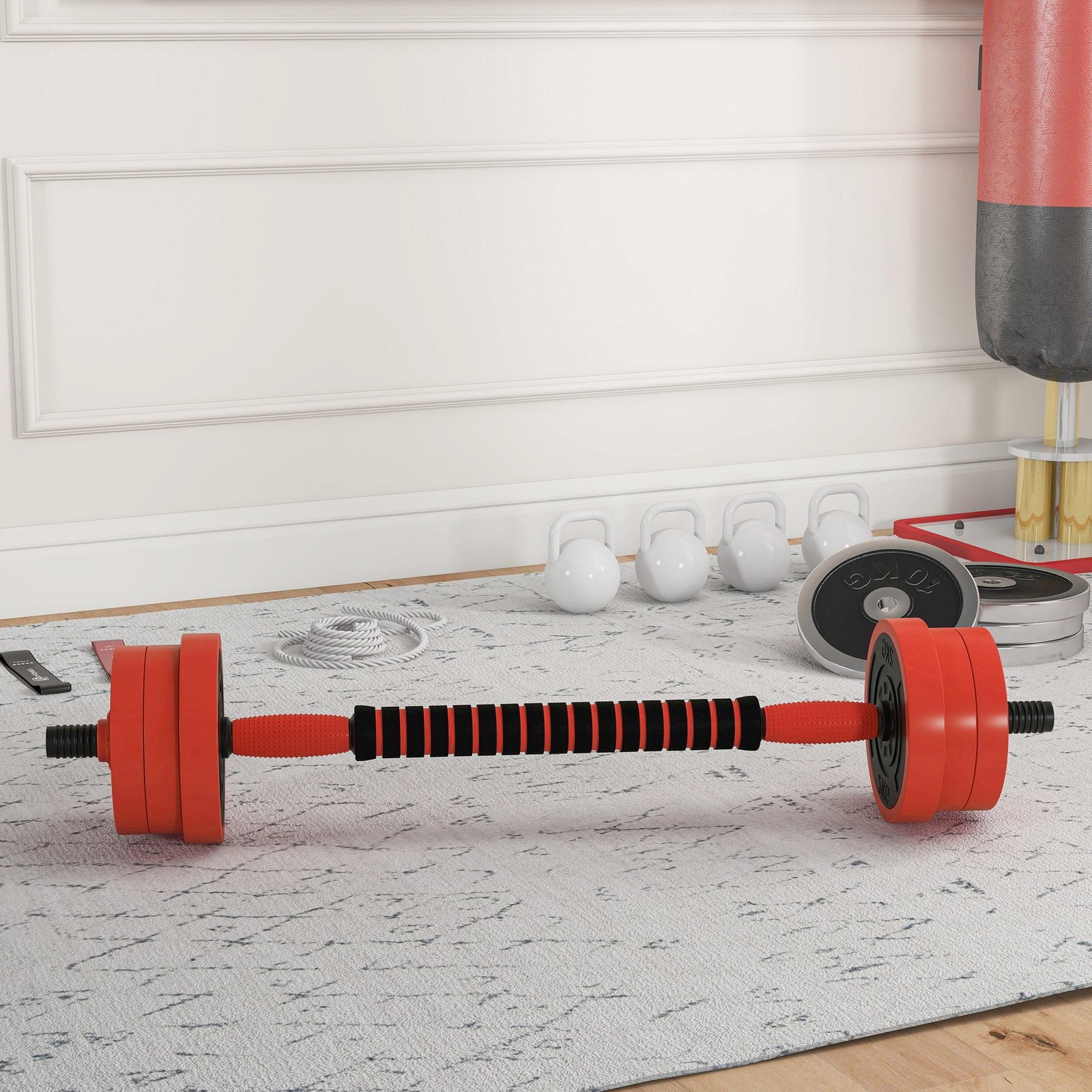 SPORTNOW 20kg 6-In-One Adjustable Weight Dumbbells Set, Barbell, Kettlebell, Push Up Stand - Red - Image 2