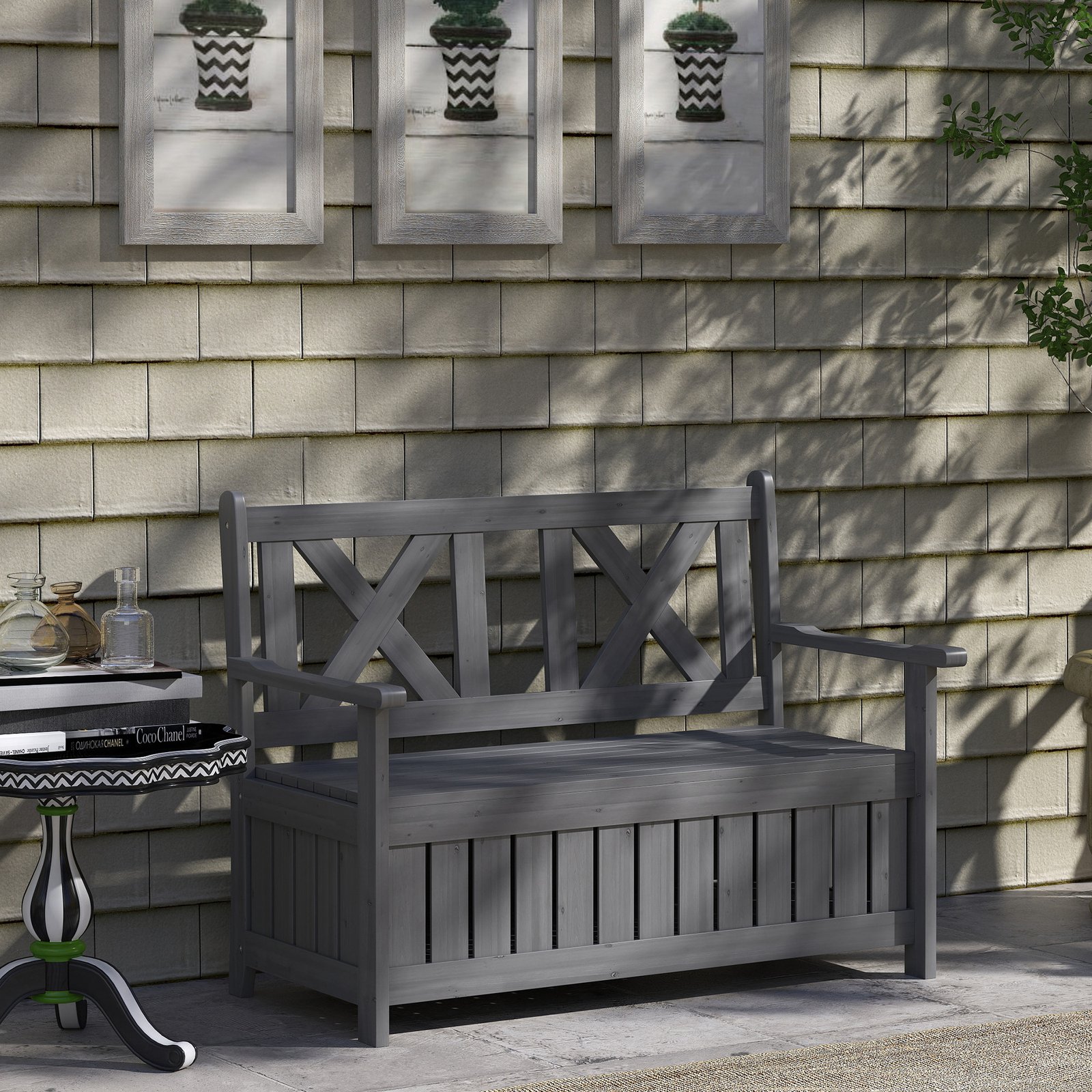 Outsunny 2-Seater Garden Storage Bench for Patio Wood Porch Decor Outdoor Seating, Charcoal Grey - Image 9