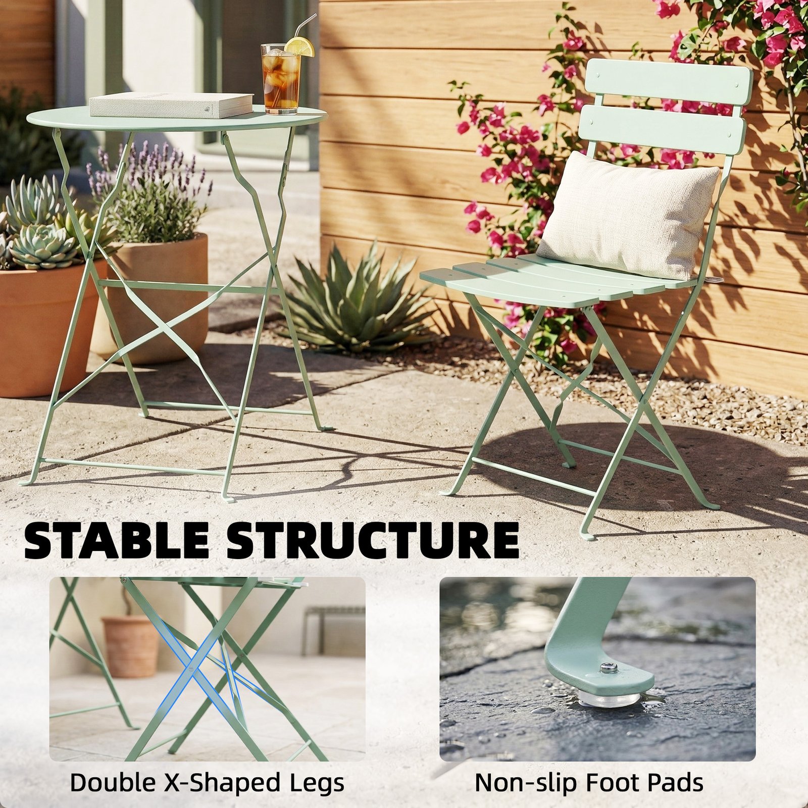Outsunny Folding Garden Bistro Set, Outdoor Round Bistro Table and Chairs Set 2 with Electrophoresis Metal Frame, Light Green - Image 8