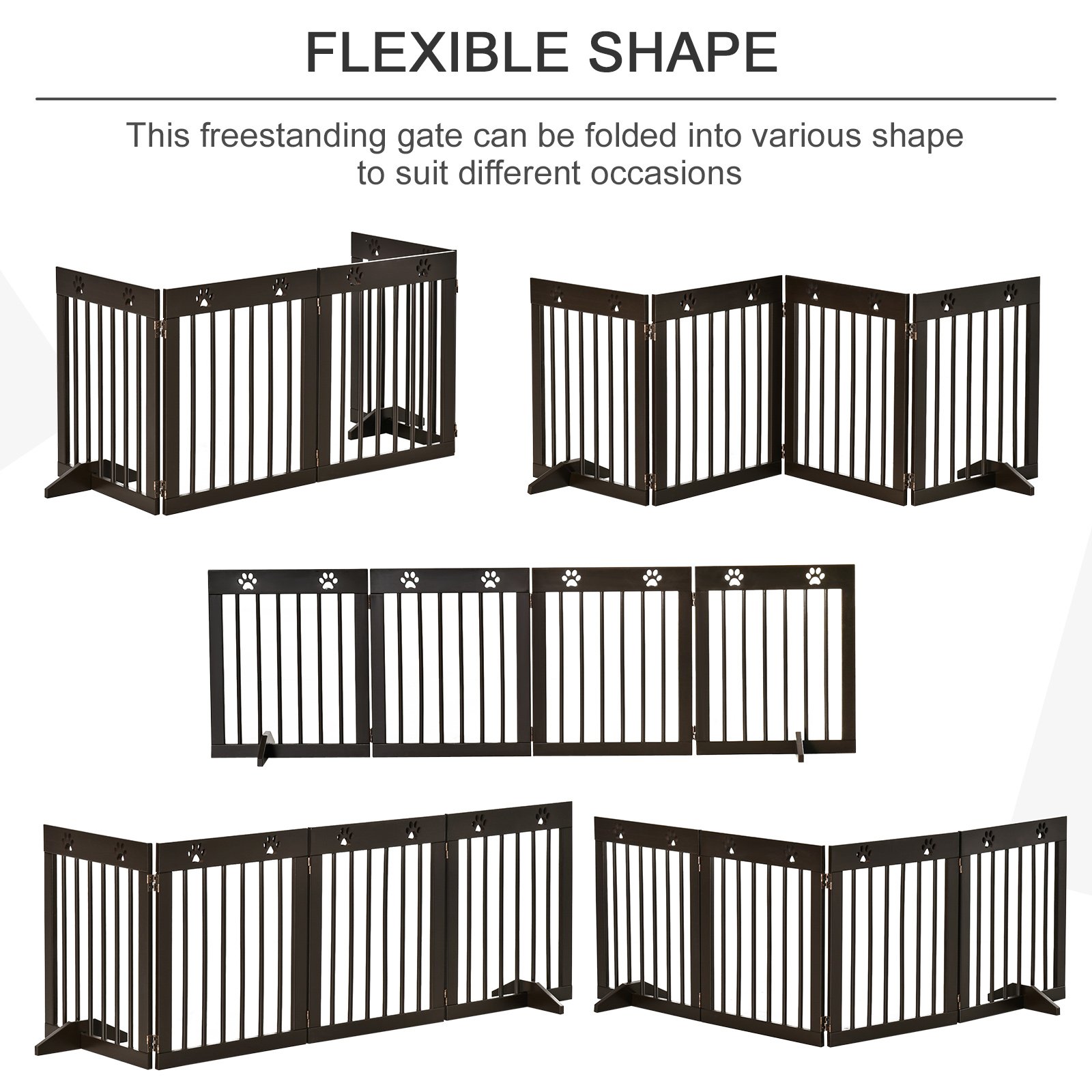 PawHut Freestanding Pet Gate 4 Panel Wooden Dog Barrier Folding Safety Fence with Support Feet up to 204cm Long 61cm Tall for Doorway Stairs Brown - Image 5