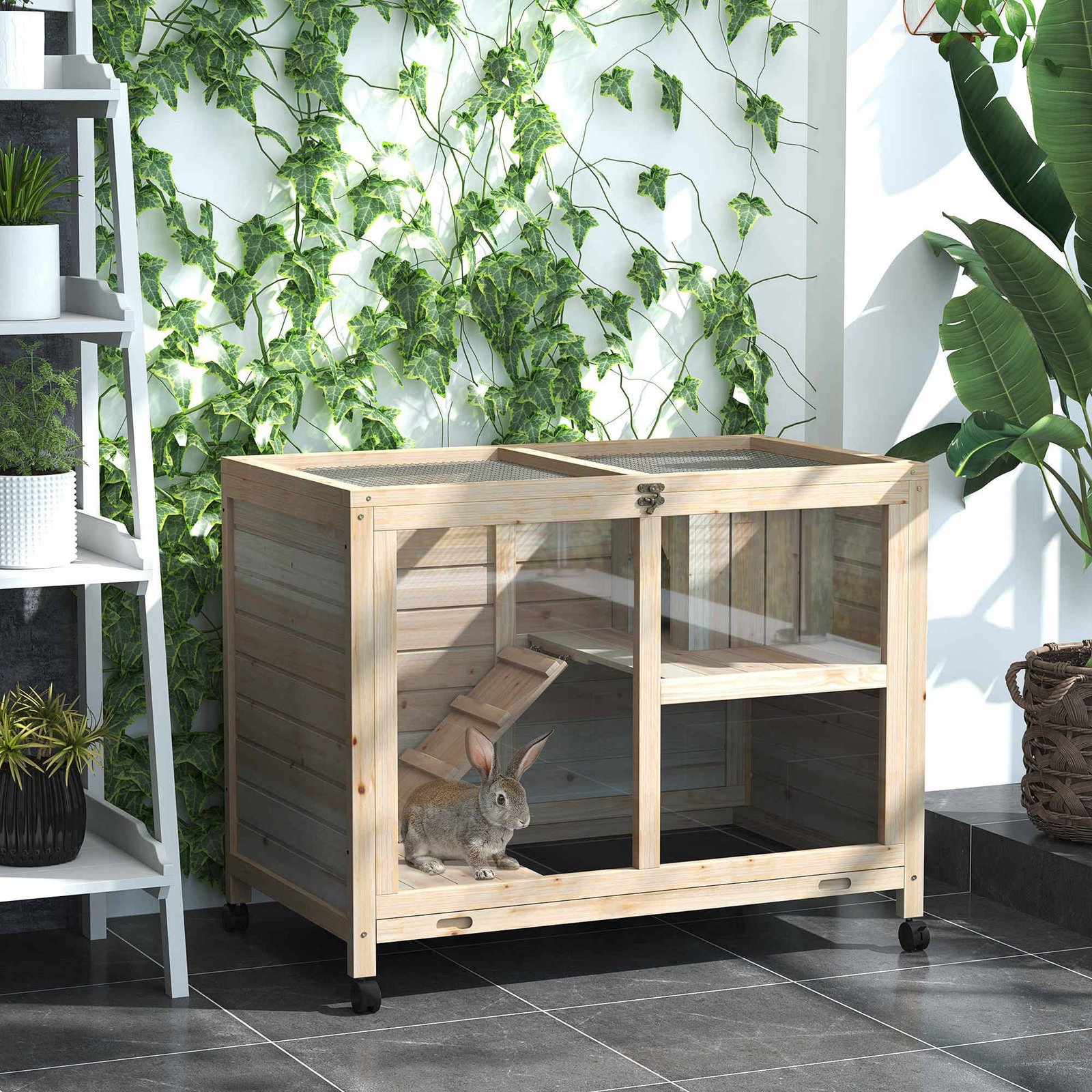 PawHut Rabbit Hutch Indoor Wooden Guinea Pig House Hamster Cage with Wheels, 2 Layers Bunny Cage with Openable Roof, 91.5 x 53.3 x 73 cm, Natural - Image 2