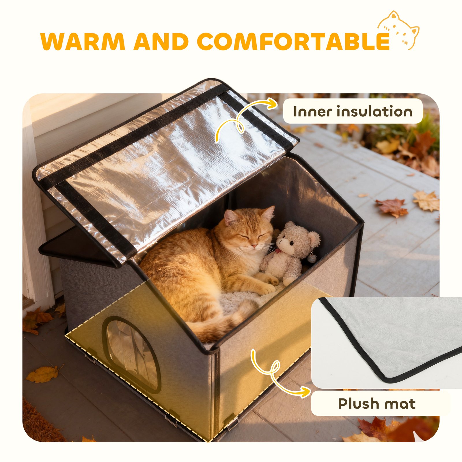 PawHut Outdoor Cat House, Waterproof Insulated Cat Kennel with Elevated Base, Foldable Feral Kitty Shelter for Kittens, Grey - Image 7