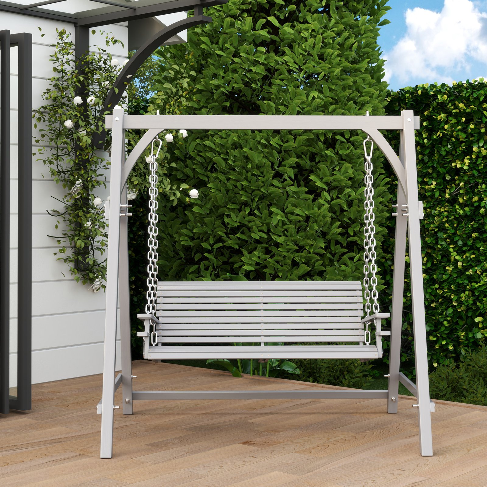 Outsunny 2 Seater Garden Swing Seat, Wooden Swing Chair Bench with Cup Holders for Outdoor Porch Patio, Grey - Image 7