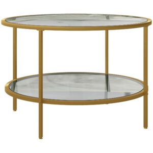HOMCOM Round Coffee Table with Storage, 2-Tier Tempered Glass Coffee Table with Steel Frame for Living Room, Gold Tone
