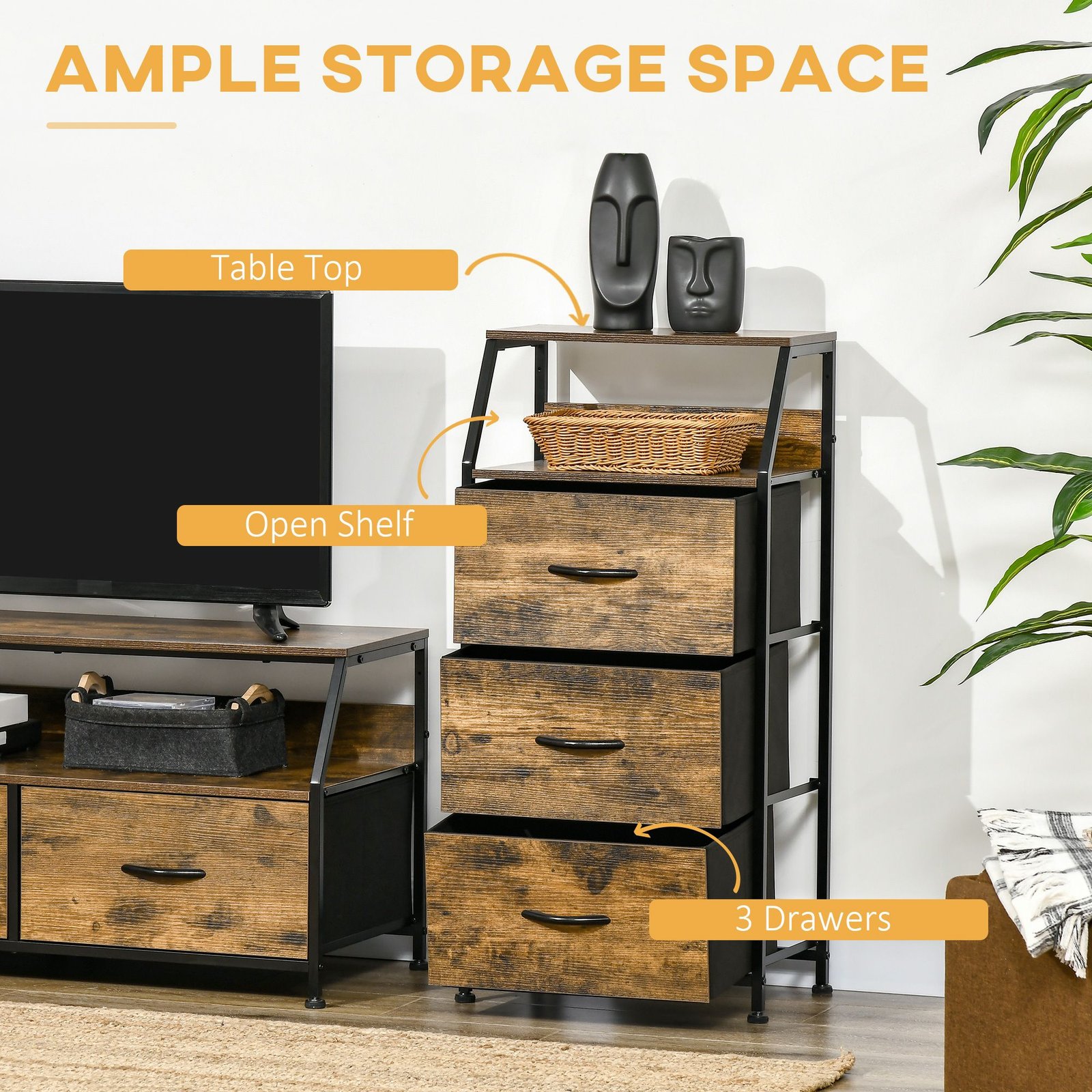 HOMCOM Industrial Storage Cabinet, Fabric Chest of Drawers with Display Shelves, 3 Drawers Storage Unit for Living Room, Rustic Brown - Image 4