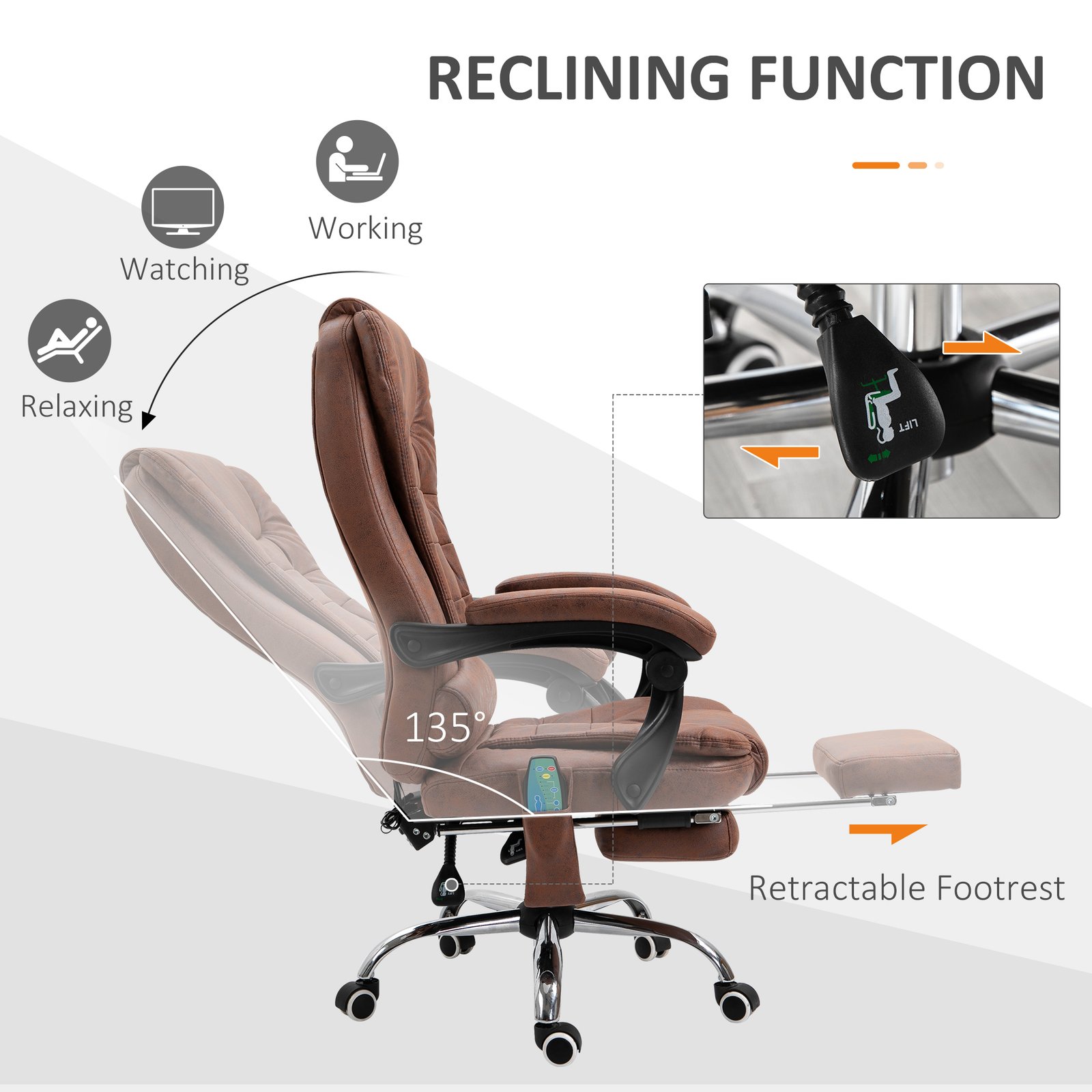 Vinsetto Heated 6 Points Vibration Massage Executive Office Chair Adjustable Swivel Ergonomic High Back Desk Chair Recliner with Footrest Brown - Image 5