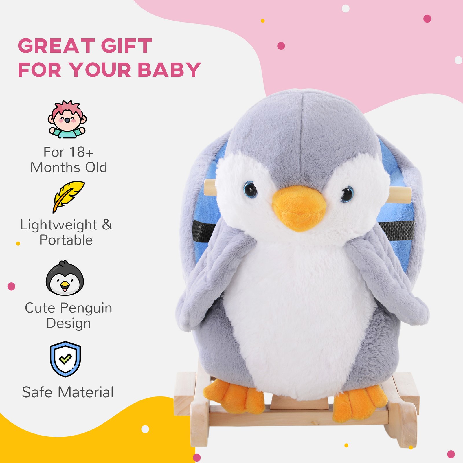HOMCOM Children Kids Animal Rocking Horse Penguin Plush Musical Button 32 Songs Kid Rocker for 18+ Months - Image 7