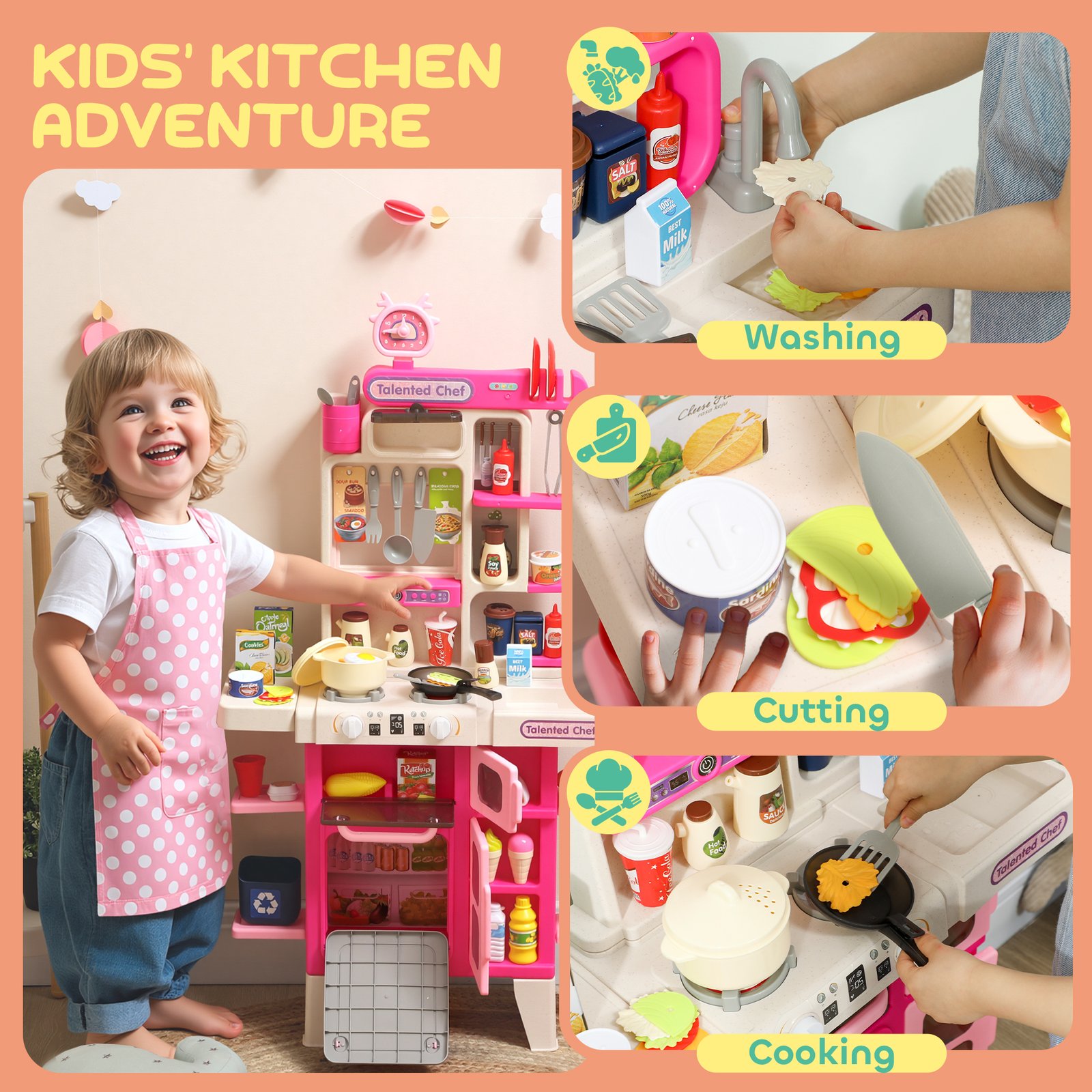 AIYAPLAY Pretend Play Kitchen Set with Realistic Lights & Sounds, 104PCS Toy Kitchen Accessories for Boys and Girls, Pink - Image 6