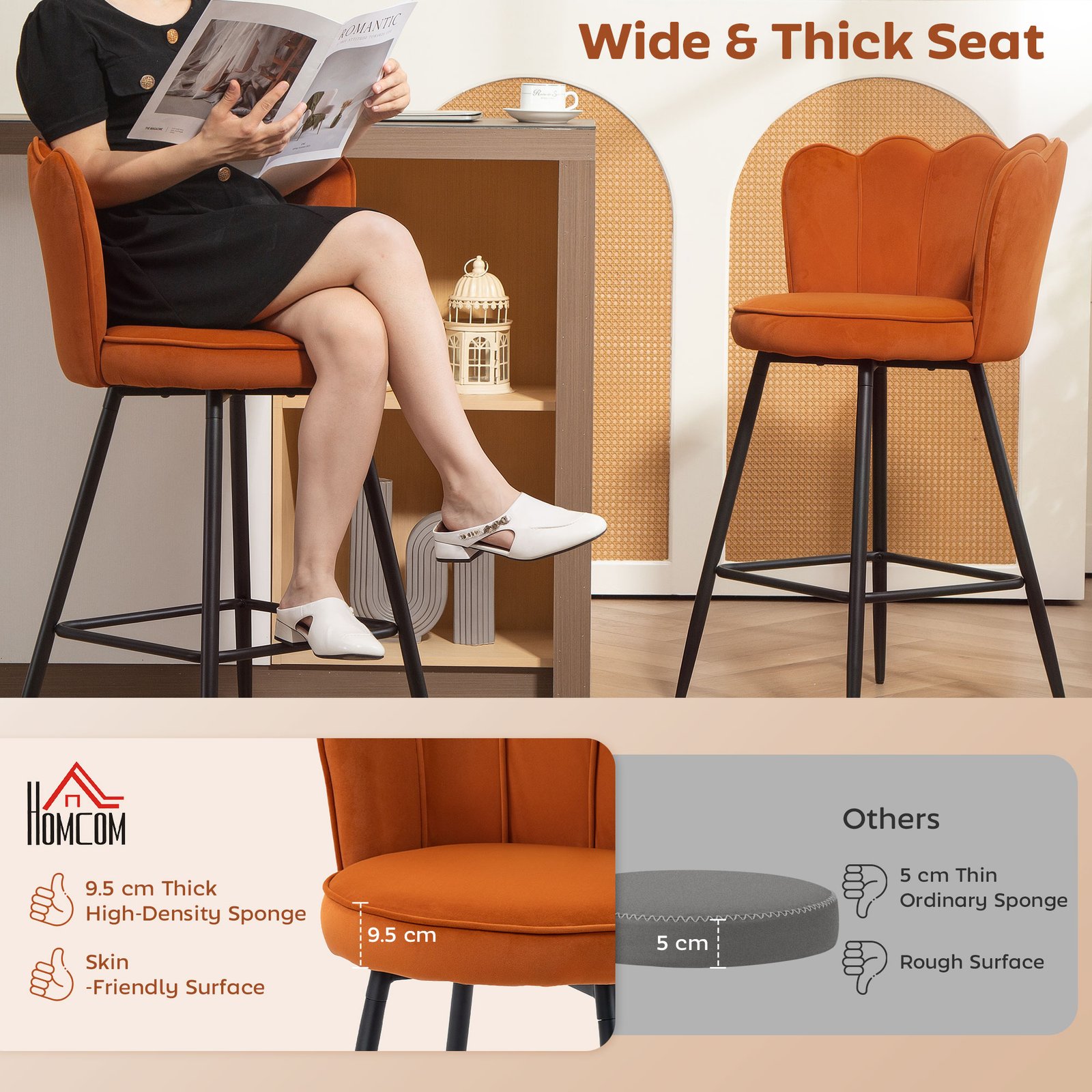 HOMCOM Set of Two Velvet-Feel Lotus Bar Stools - Orange - Image 4
