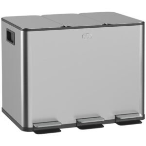 HOMCOM 3 x 20L Pedal Bin, Steel Triple Kitchen Bin with Soft Close Lid, Removable Inner Buckets, Fingerprint-Proof, Silver Tone
