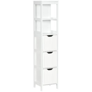HOMCOM Narrow Floor Cabinet, Bathroom Cabinet with 3 Drawers and 2 Open Shelves, 30W x 30D x 141.6Hcm, White