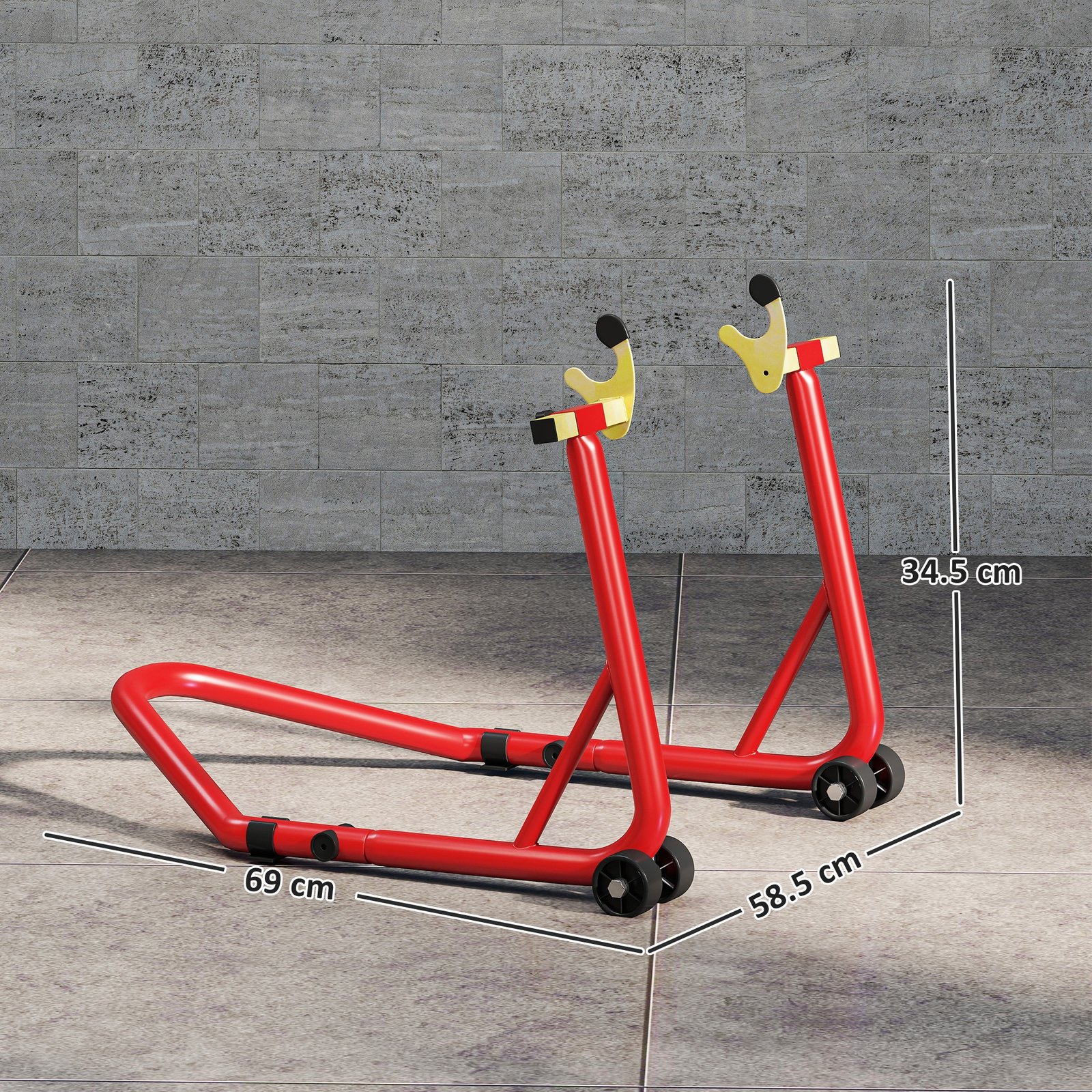 HOMCOM Motorcycle Rear Wheel Stand, 544 kg Capacity Heavy Duty Steel Motorbike Motorcycle Paddock Stand Lift with Adjustable U + L Forks, Wheels, Non-Slip Pads for Workshop Garage Repair, Red - Image 3