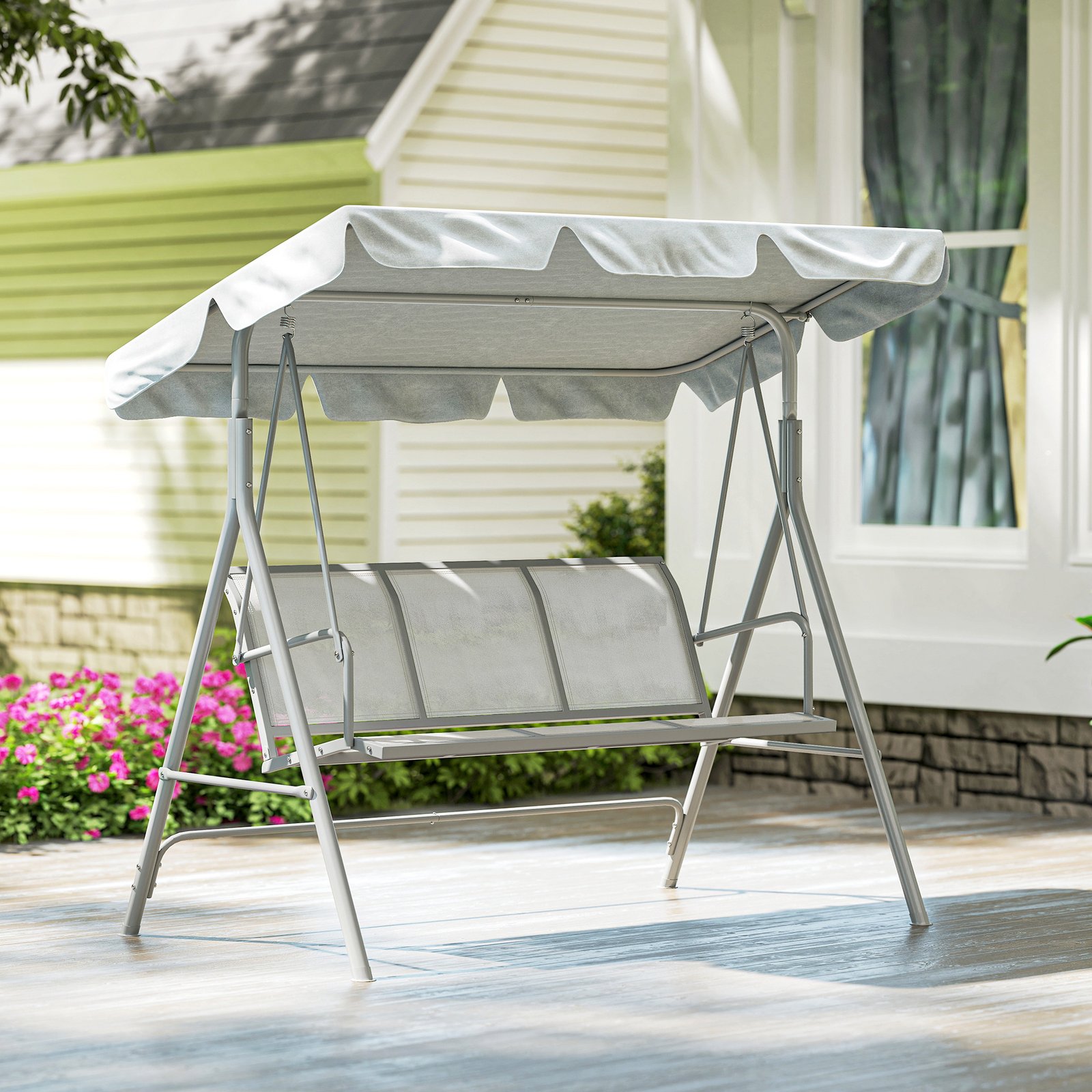 Outsunny Metal Garden Swing Chair, 3-Seater Swing Seat, Patio Hammock Bench Canopy Lounger, Light Grey - Image 9