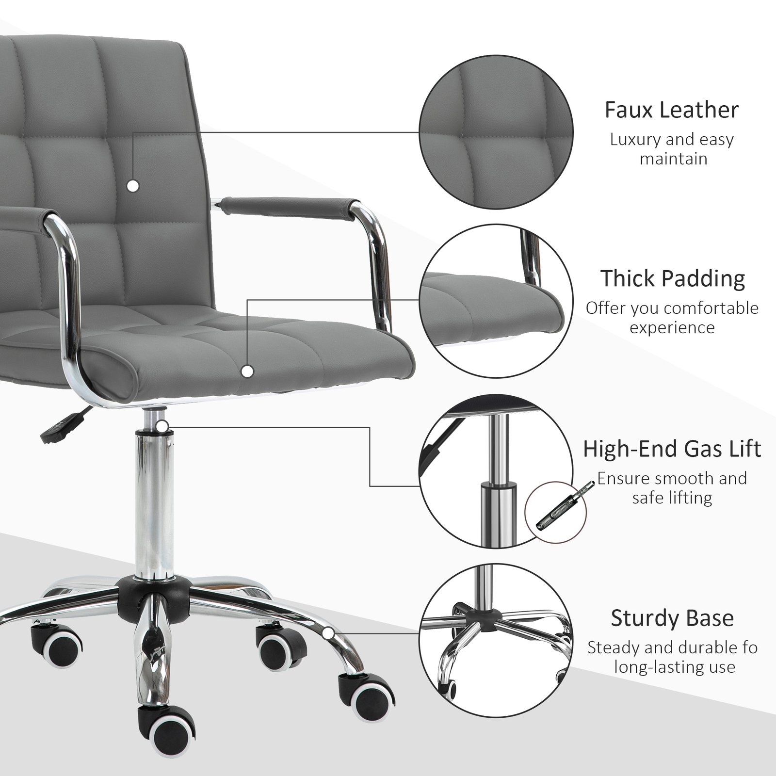 Vinsetto PU Leather Home Office Desk Chair, Computer Chair with Mid Back, Arm, Swivel Wheels, Adjustable Height, Grey - Image 6