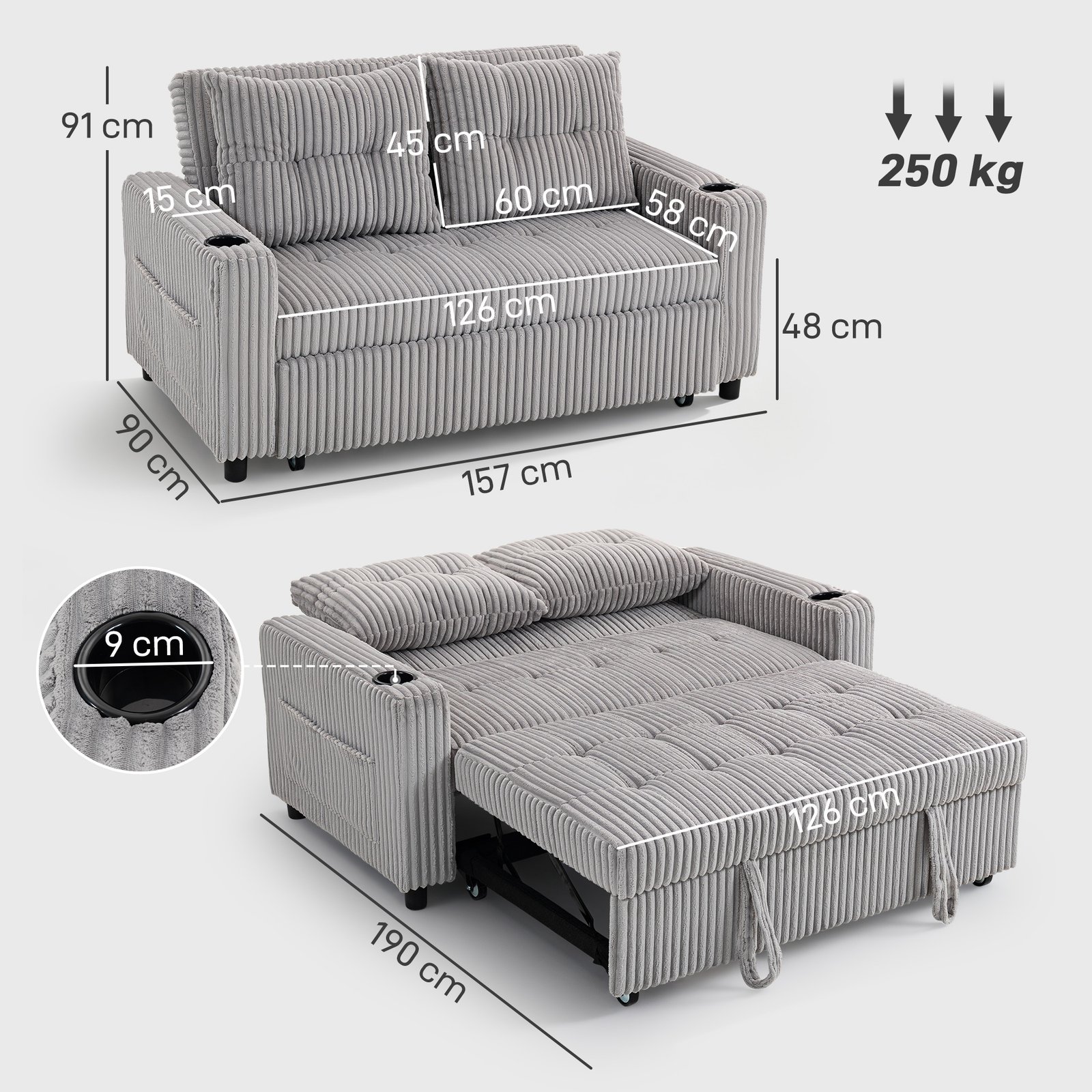 HOMCOM 2 Seater Click Clack Sofa Bed with Pull Out Design, Corduroy Upholstery - Light Grey - Image 3