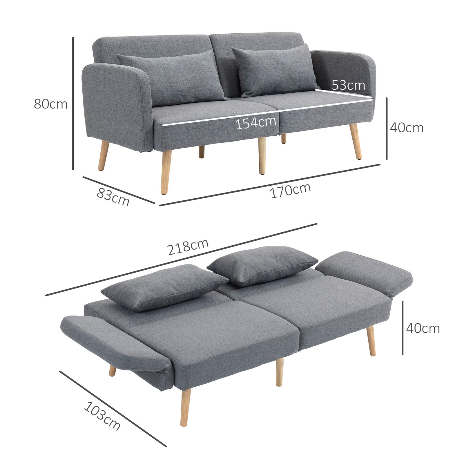 HOMCOM Two-Seater Click-Clack Sofa Bed, with Pillows - Grey - Image 3