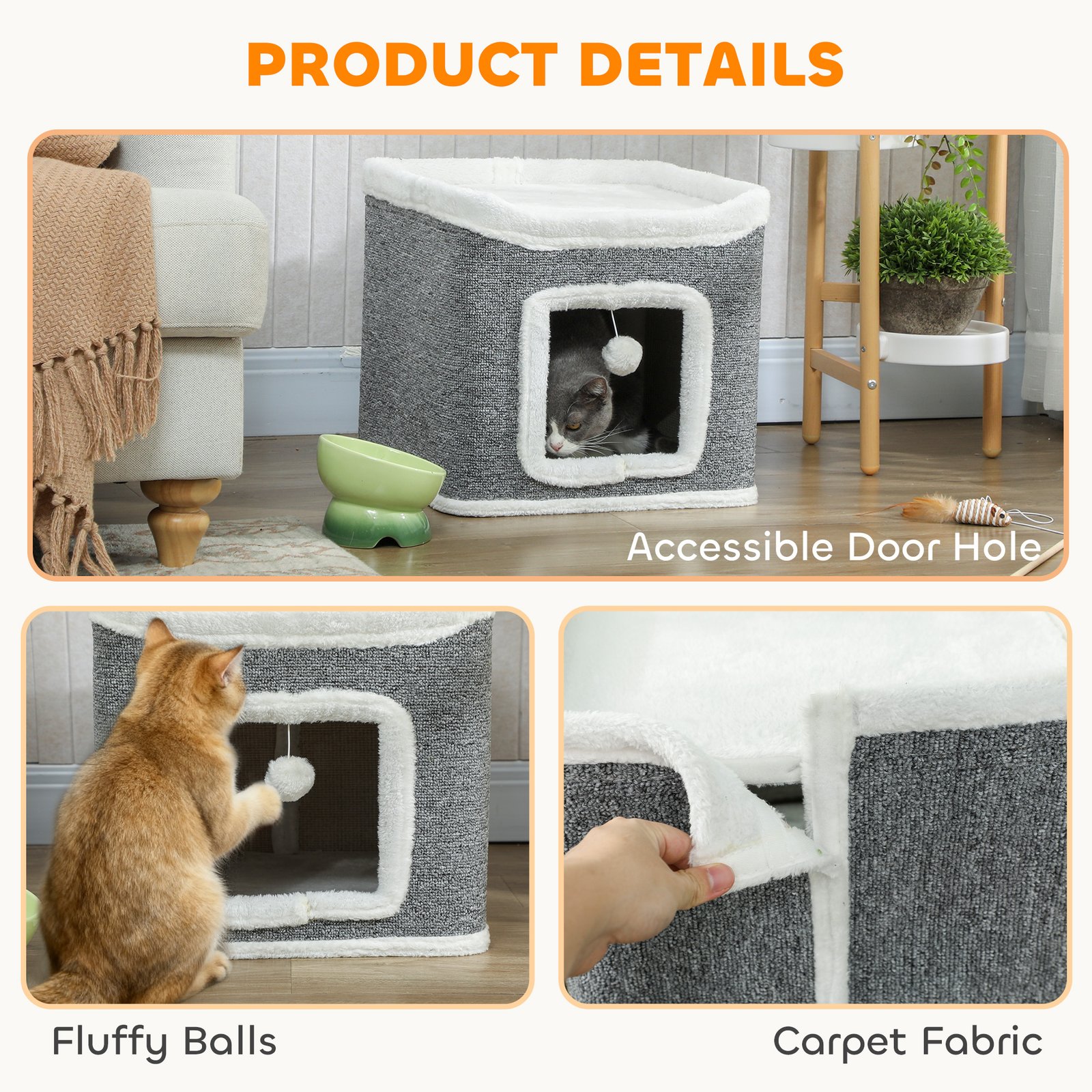 PawHut Cat House for Indoor Kittens, 2-Level Cat Cave Bed with Fluffy Balls, Top Bed, Kitten Barrel for Multi Kitties, Grey - Image 5