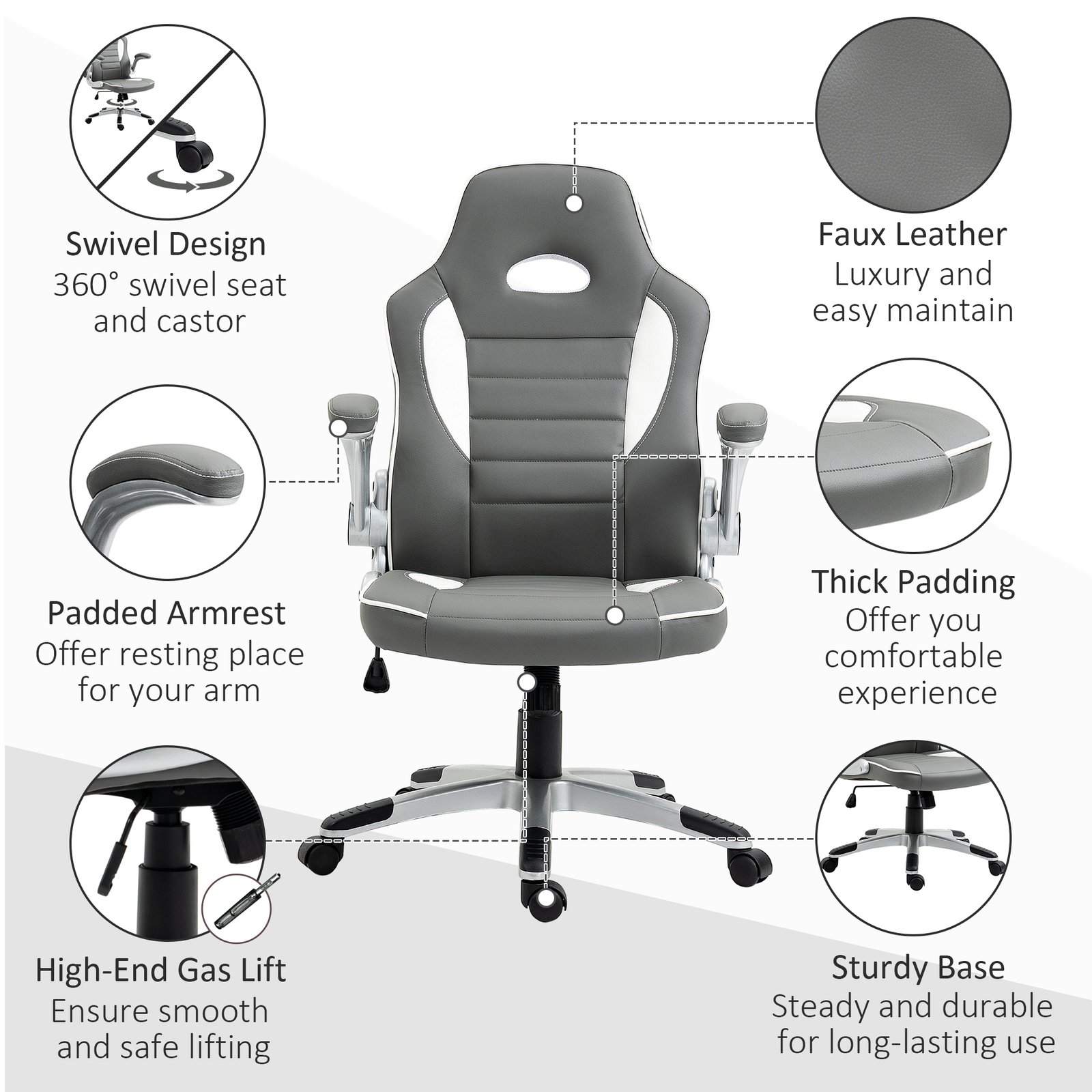 Vinsetto Computer Gaming Chair, Office Desk Swivel Chair, PU Leather Racing Chair with 90° Flip-up Armrest, Adjustable Height and Rolling Wheels, Grey - Image 7