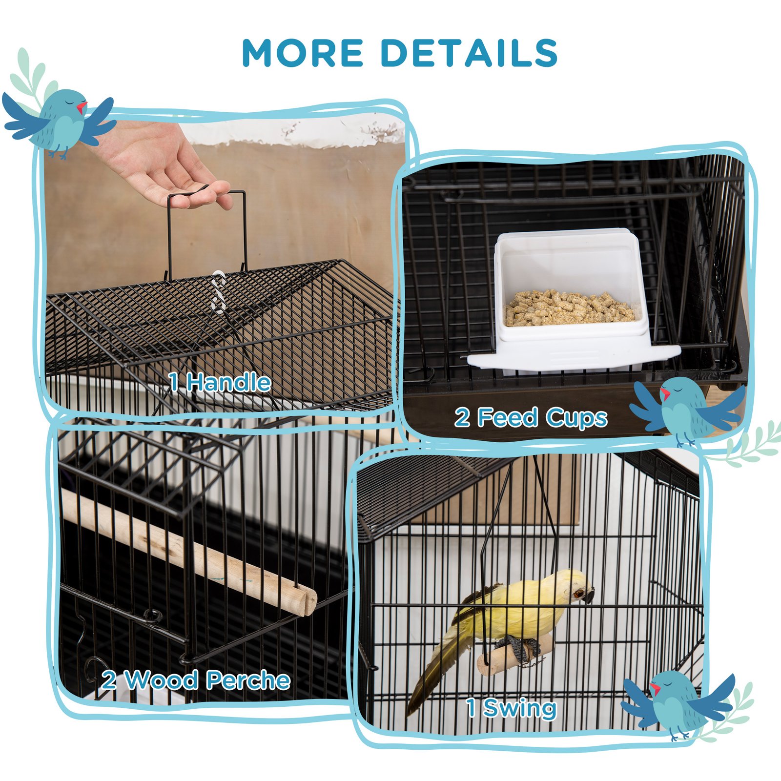 PawHut Metal Bird Cage with Plastic Swing Perch Food Container Tray Handle for Finch Canary Budgie 43.5 x 33 x 63 cm, Black - Image 4